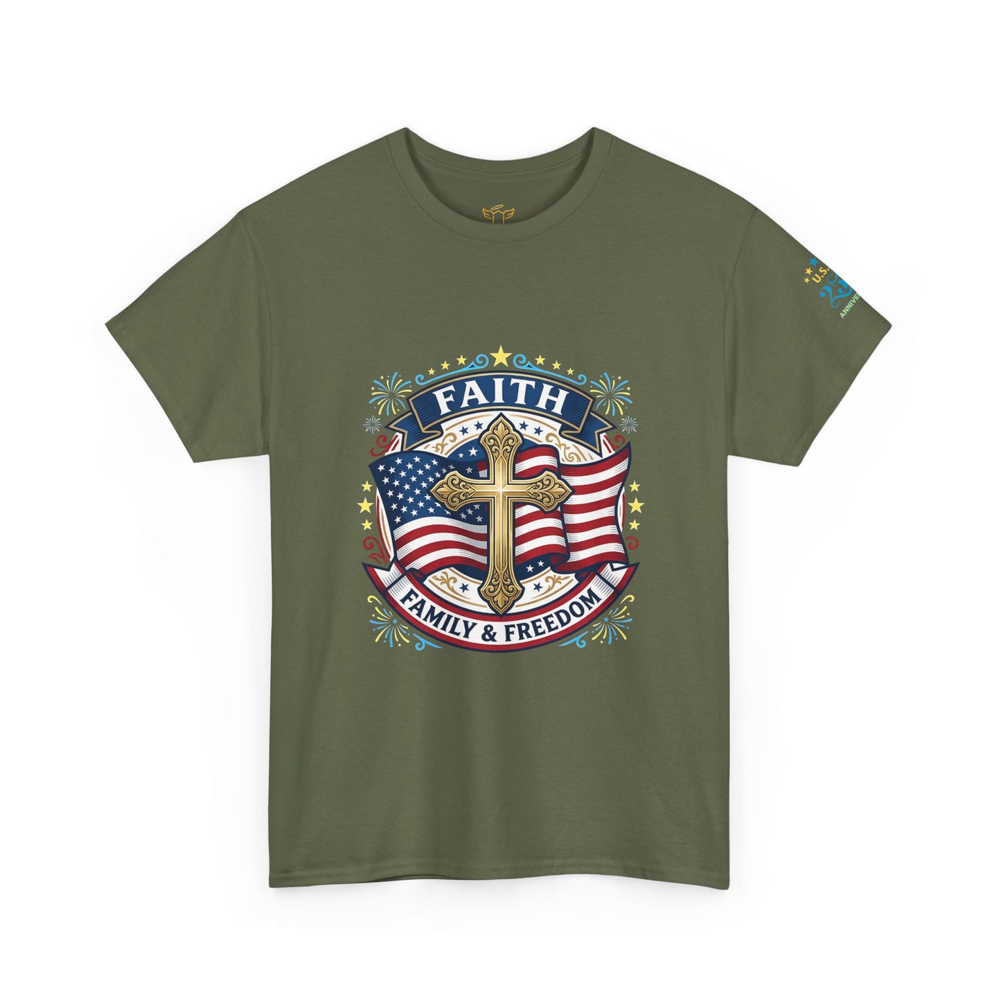 Faith, Family & Freedom T-Shirt — American Flag Cross Patriotic Tee (USA 250th)