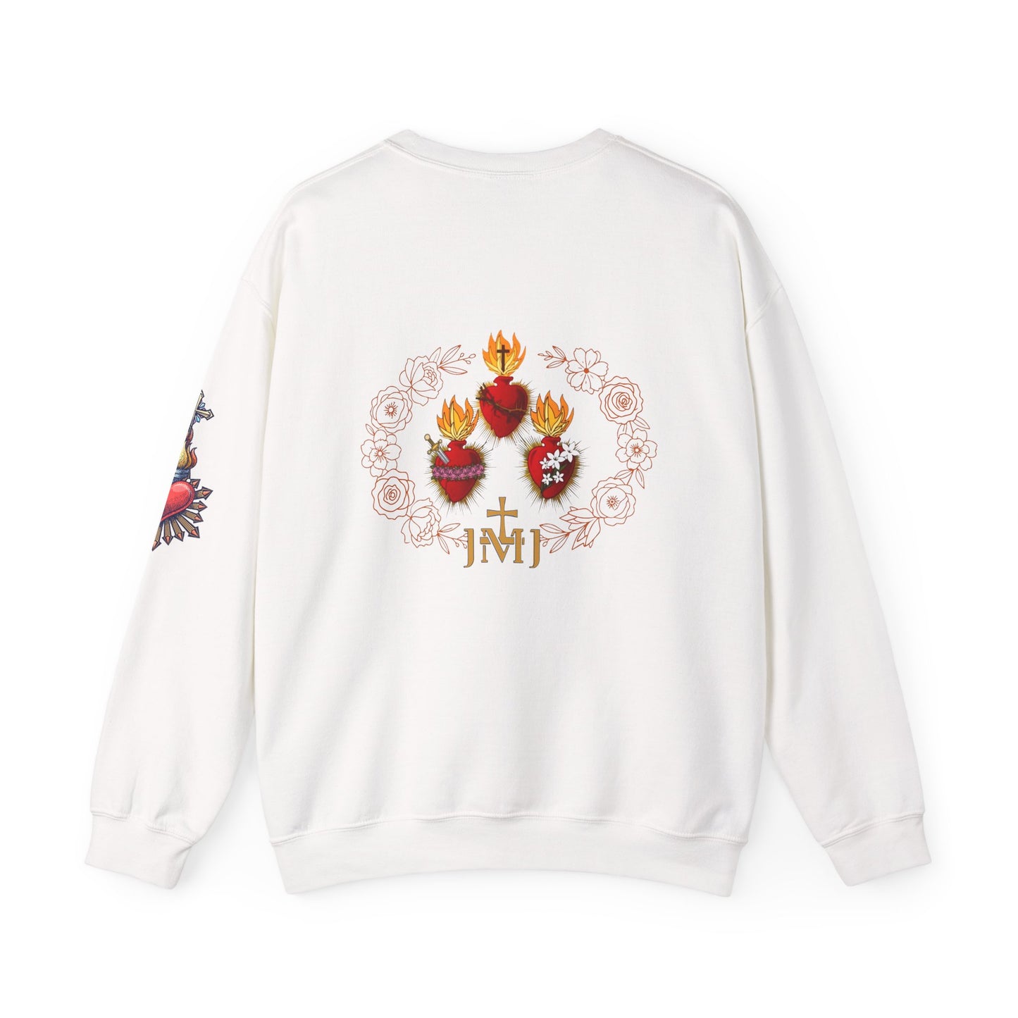 Sacred Hearts Crewneck Sweatshirt — Three Flaming Hearts with JMJ Cross (CT)