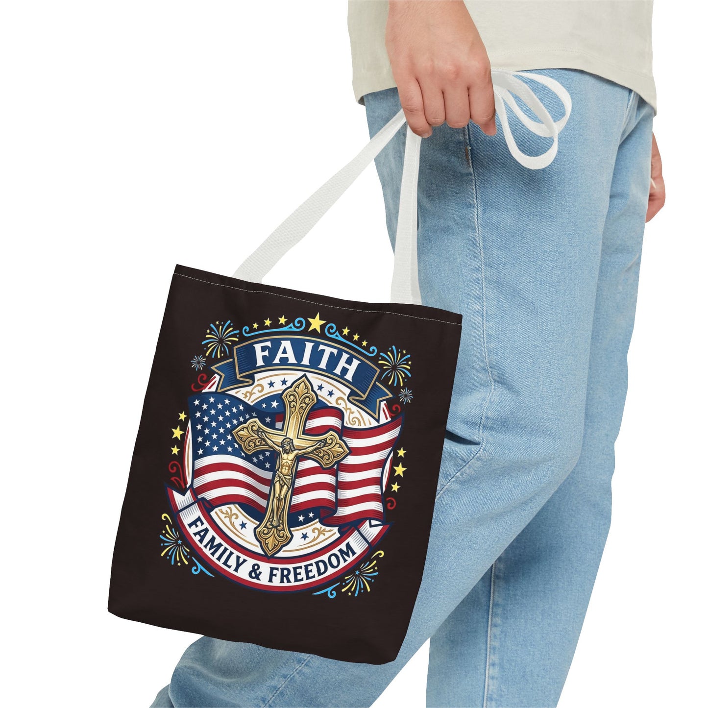 Faith, Family & Freedom Cross Bag — Patriotic American Flag Canvas Tote (USA 250th)