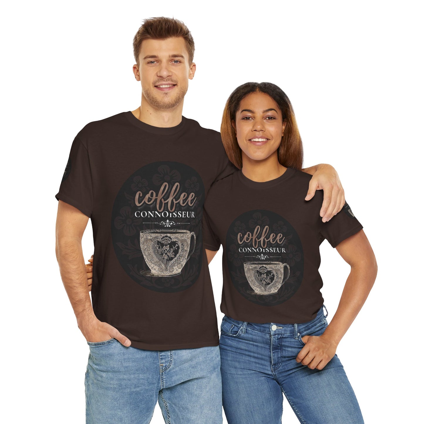 COFFEE LOVERS COTTON TEES For Connoisseurs, Two people wearing matching brown t-shirts with 'coffee connoisseur' design on a white background