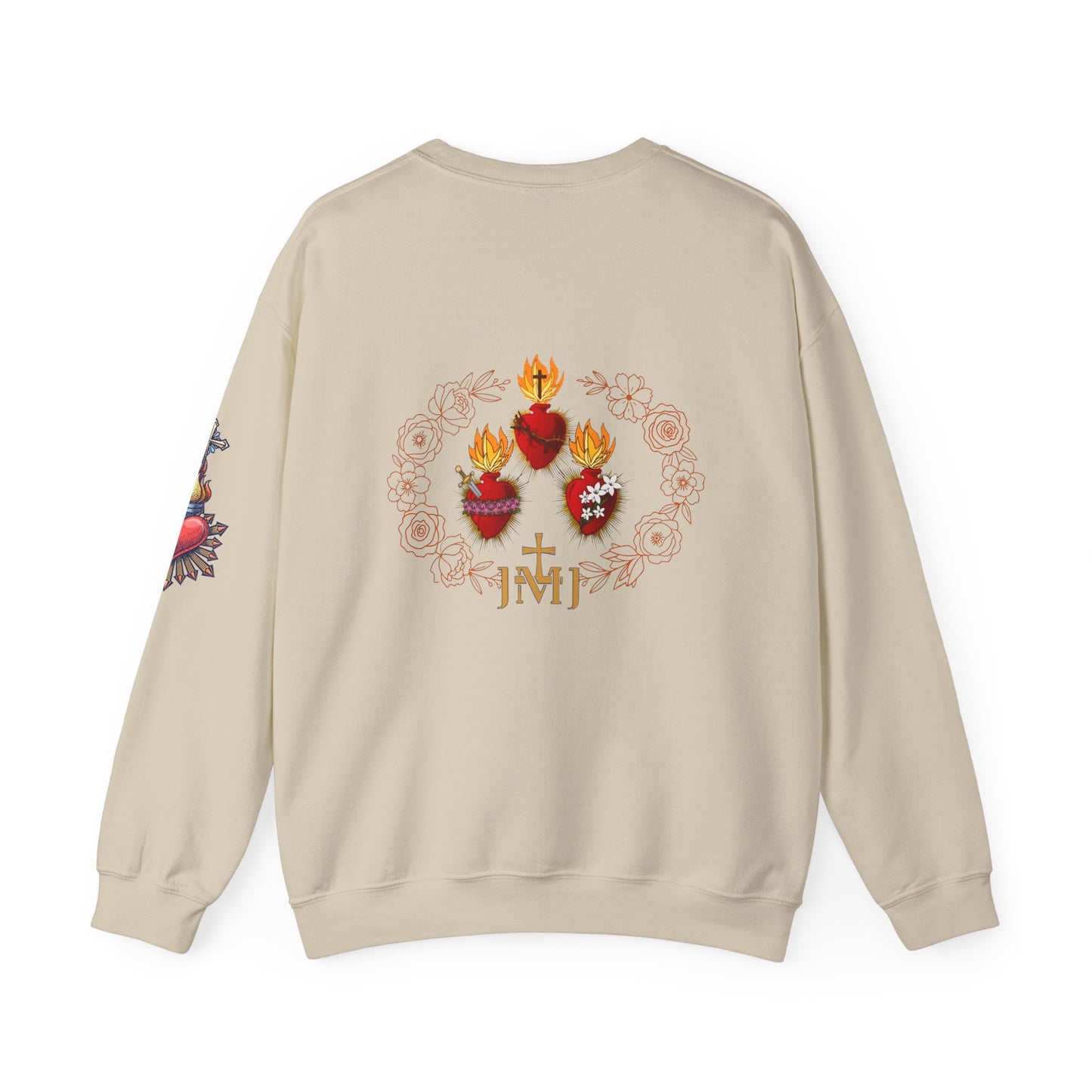 Sacred Hearts Crewneck Sweatshirt — Three Flaming Hearts with JMJ Cross (CT)