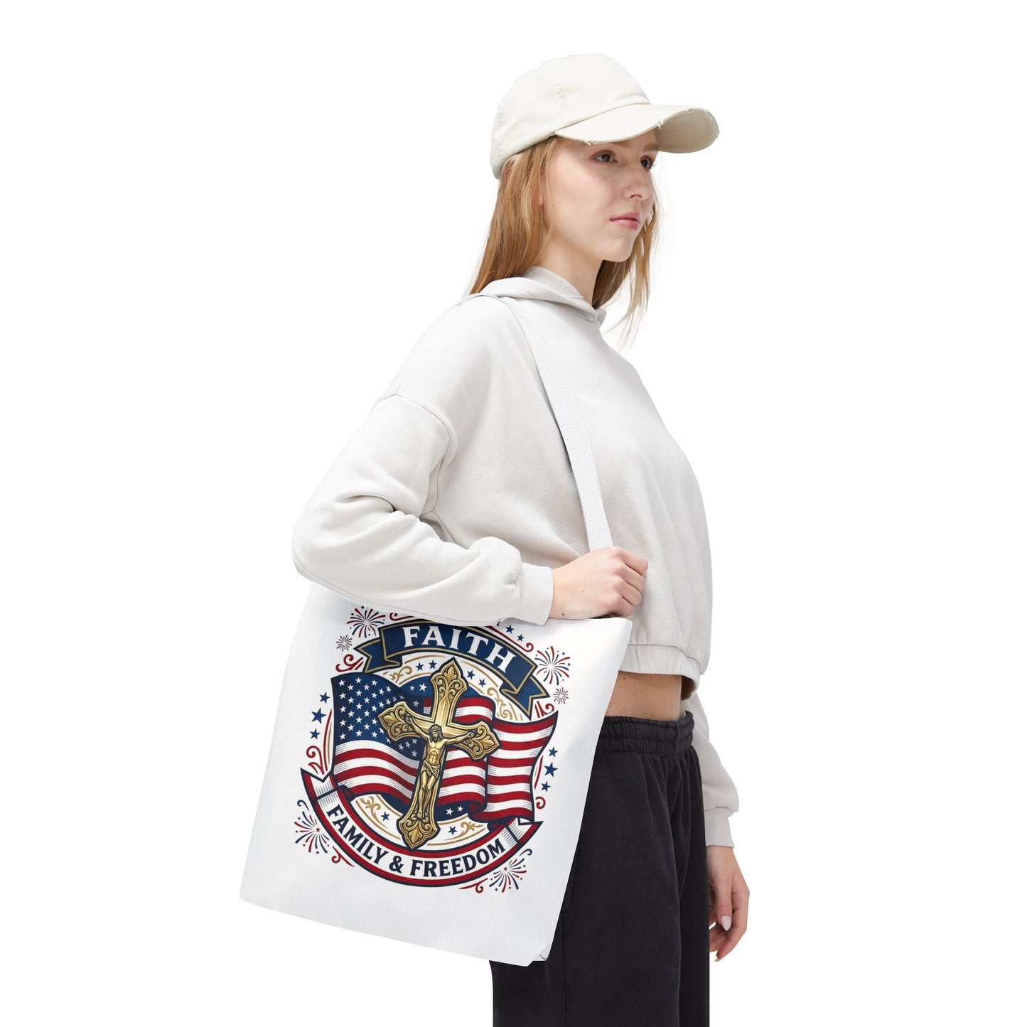 Faith, Family & Freedom Tote Bag — Patriotic Cross American Flag Tote (USA 250th)
