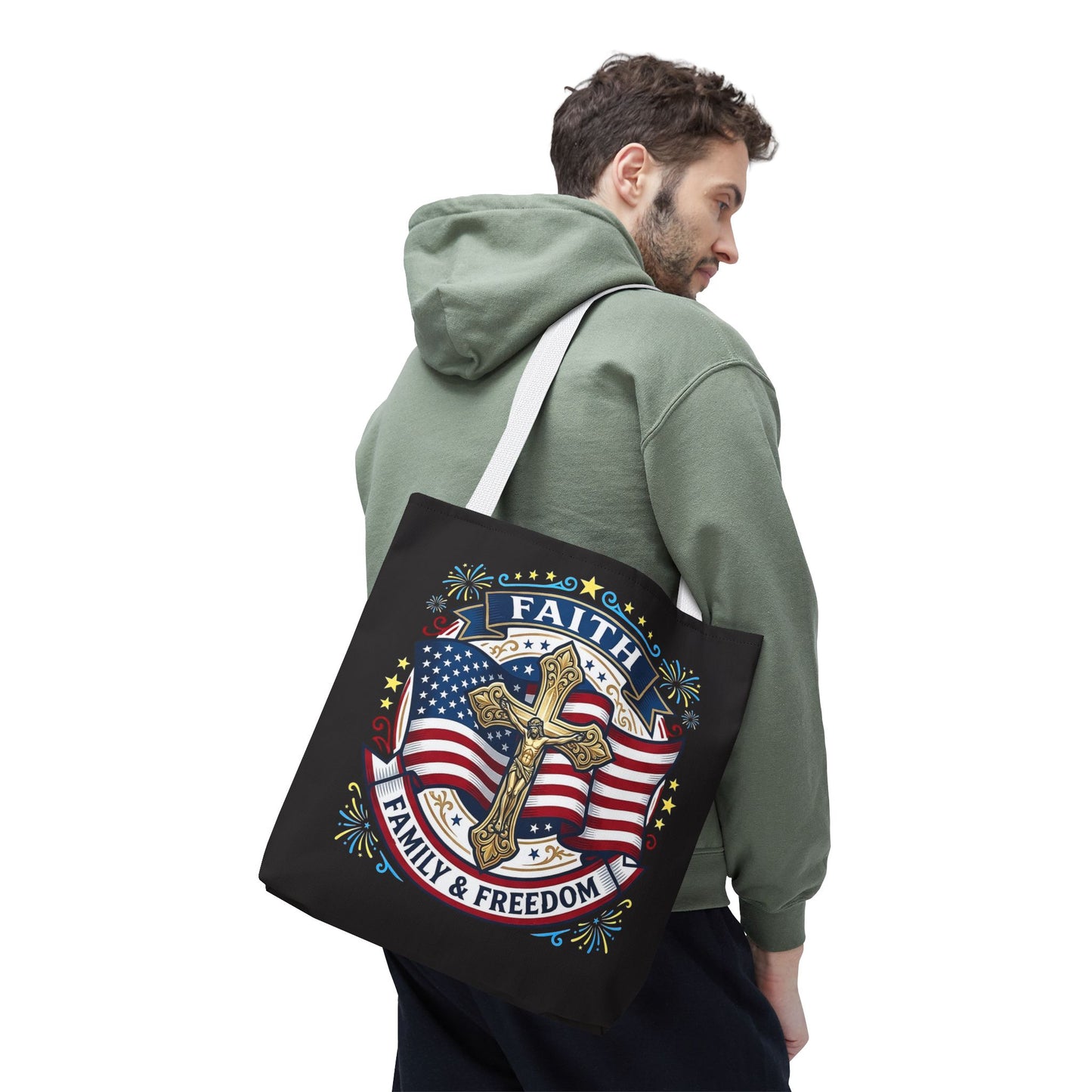Faith, Family & Freedom Cross Bag — Patriotic American Flag Canvas Tote (USA 250th)