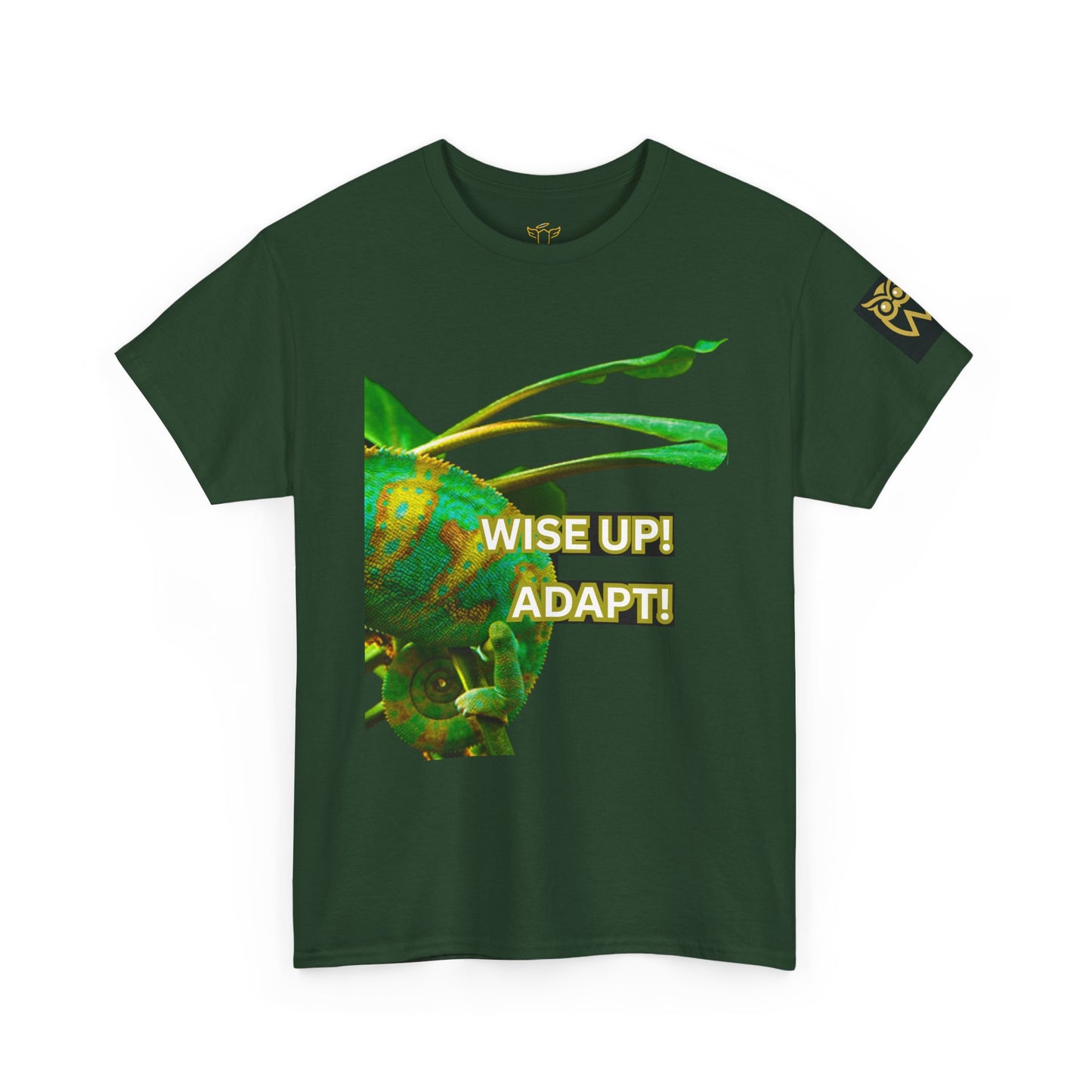 Wise Up Adapt! Motivational T-shirt — 'Wise Up! Stay Sharp!' Graphic Novelty Tee, Green t-shirt with a chameleon graphic and text 'WISE UP! ADAPT!' on a white background