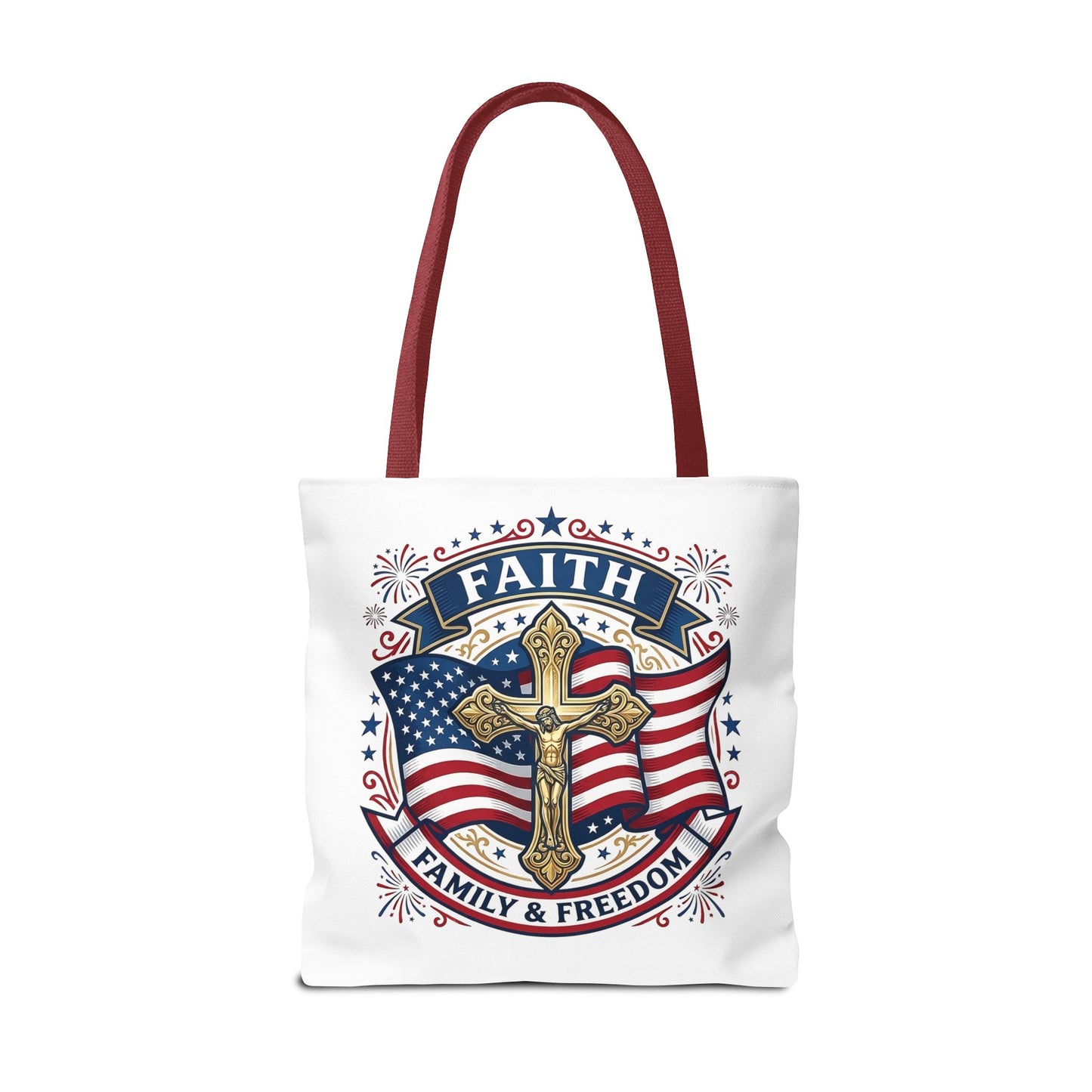 Faith, Family & Freedom Tote Bag — Patriotic Cross American Flag Tote (USA 250th)