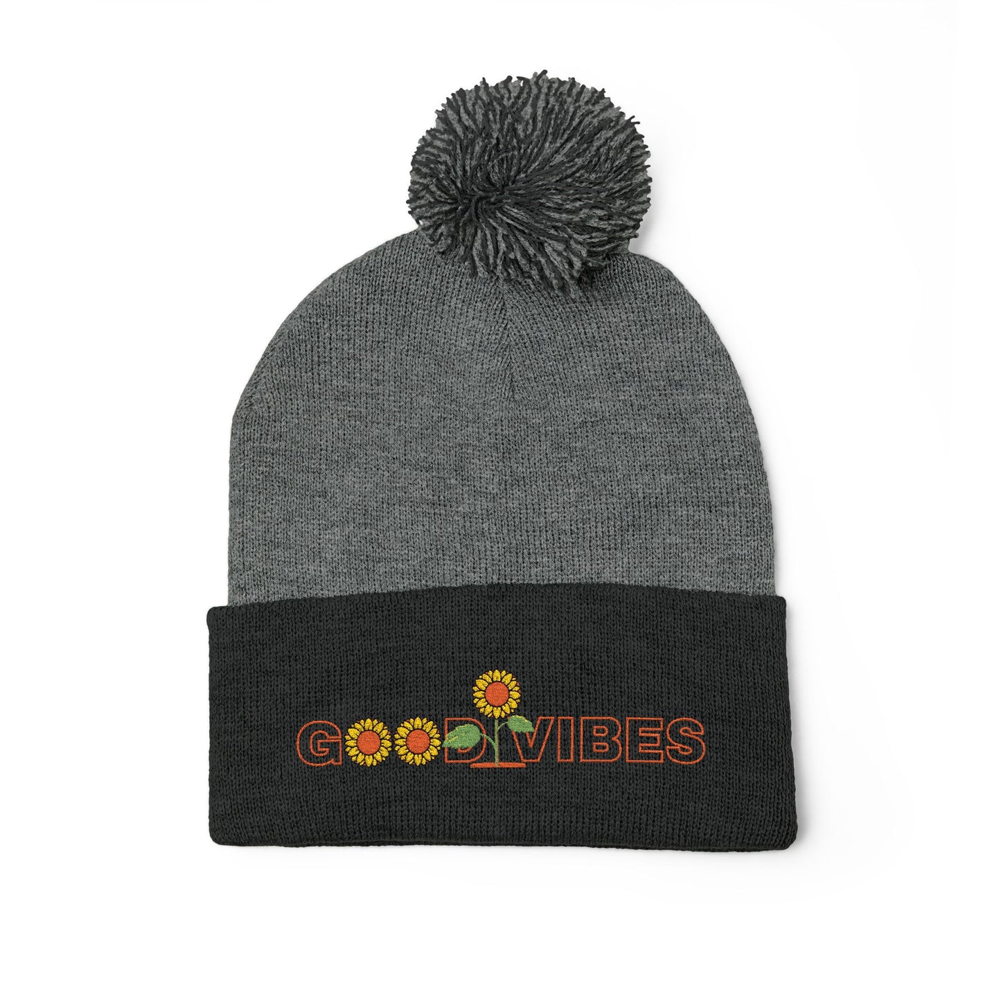 Summer Pom-Pom Beanie — "Good Vibes" Embroidered Sunflower Knit Hat - Trending Novelties & Gifts