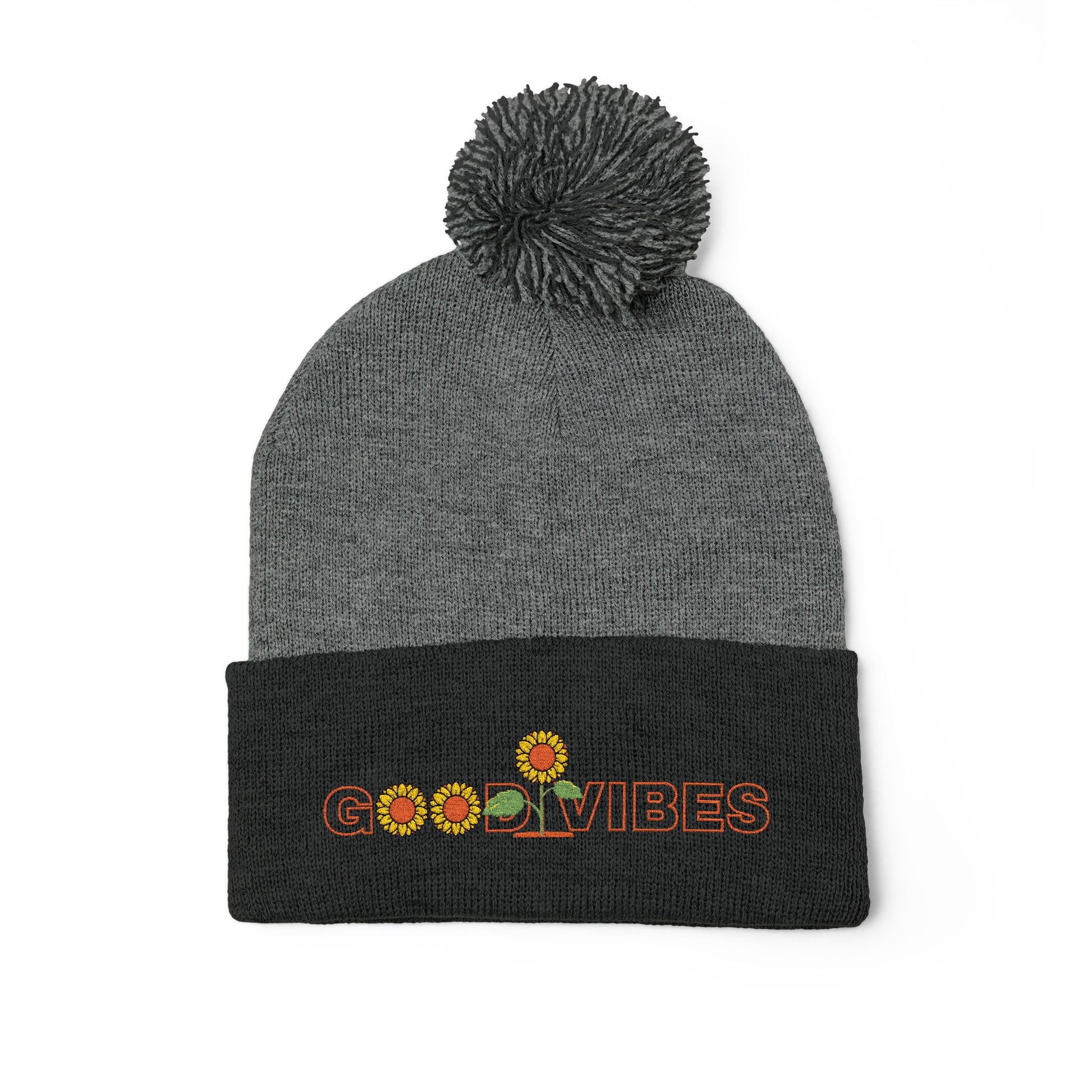 Summer Pom-Pom Beanie — "Good Vibes" Embroidered Sunflower Knit Hat - Trending Novelties & Gifts