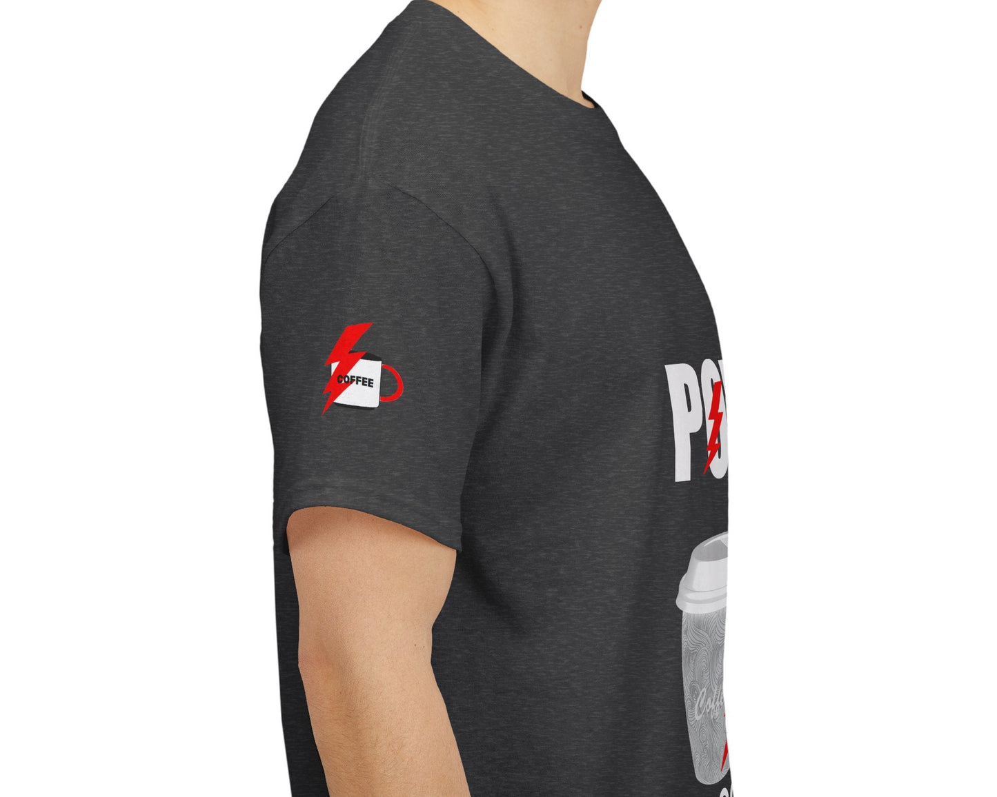 Coffee Lovers Cotton T-shirt - Powered by Coffee. Dark gray t-shirt with a logo and text on the sleeve and back, on a white background.