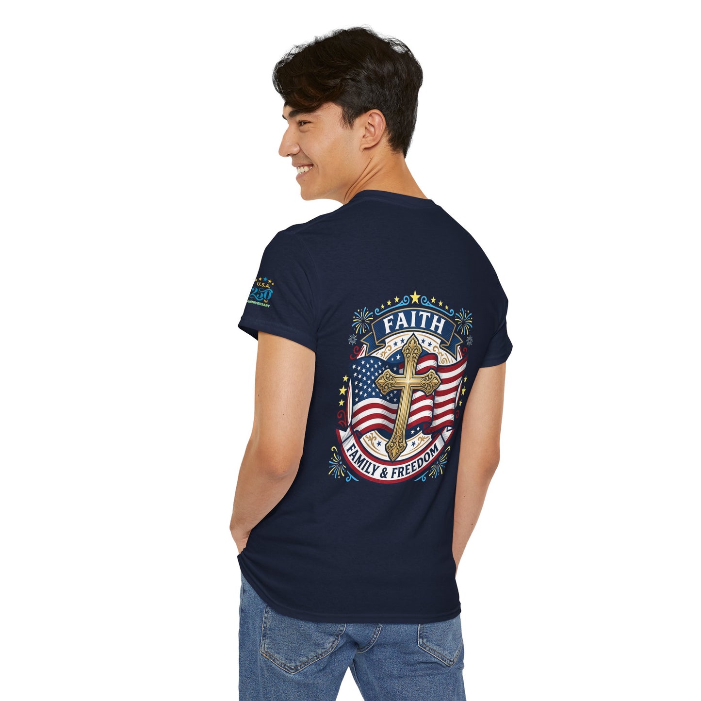 Faith, Family & Freedom T-Shirt — American Flag Cross Patriotic Tee (USA 250th)