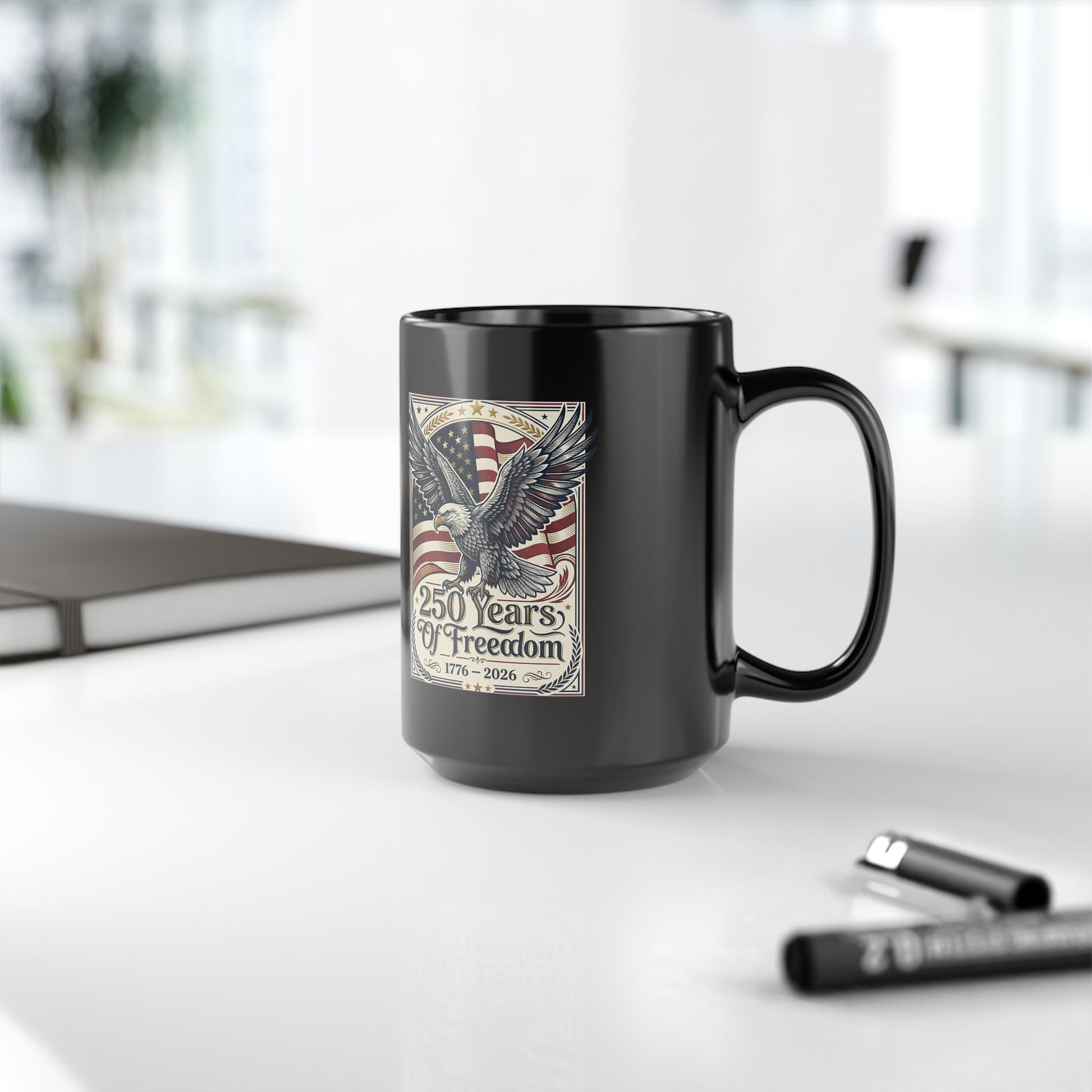 America 250 Years of Freedom Eagle Coffee Mug — USA 250th ANNIVERSARY Commemorative Black Mug - Trending Novelties & Gifts