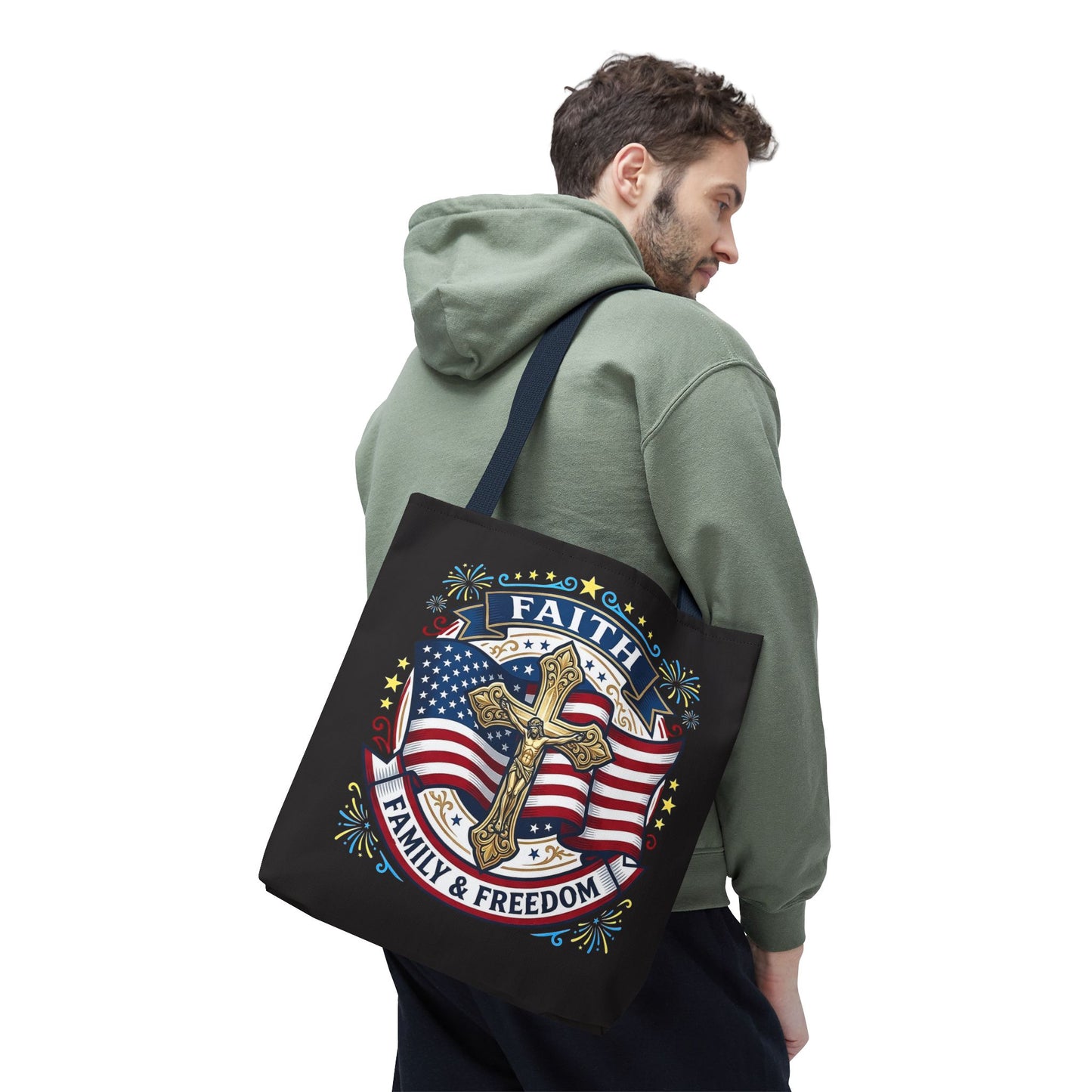 Faith, Family & Freedom Cross Bag — Patriotic American Flag Canvas Tote (USA 250th)