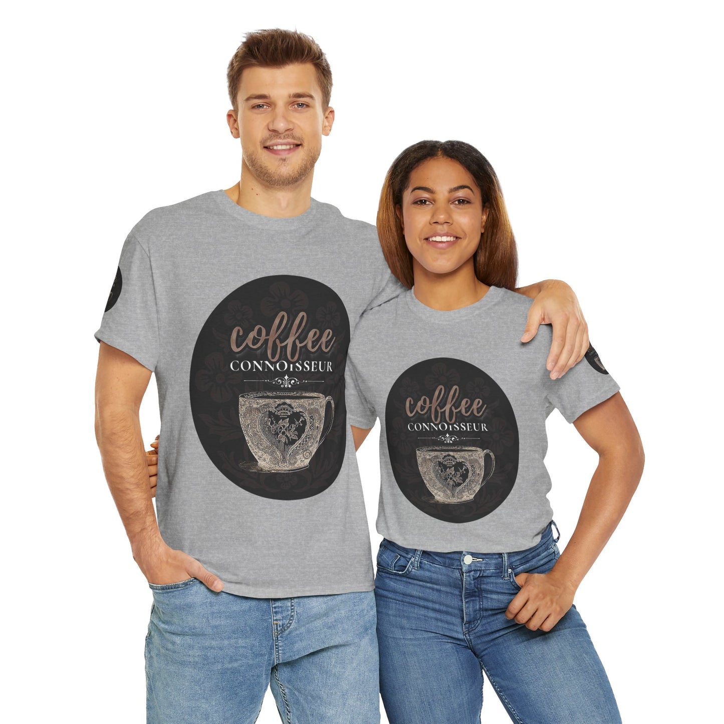 COFFEE LOVERS COTTON TEES For Connoisseurs, Two people wearing gray t-shirts with a coffee-themed design on a white background