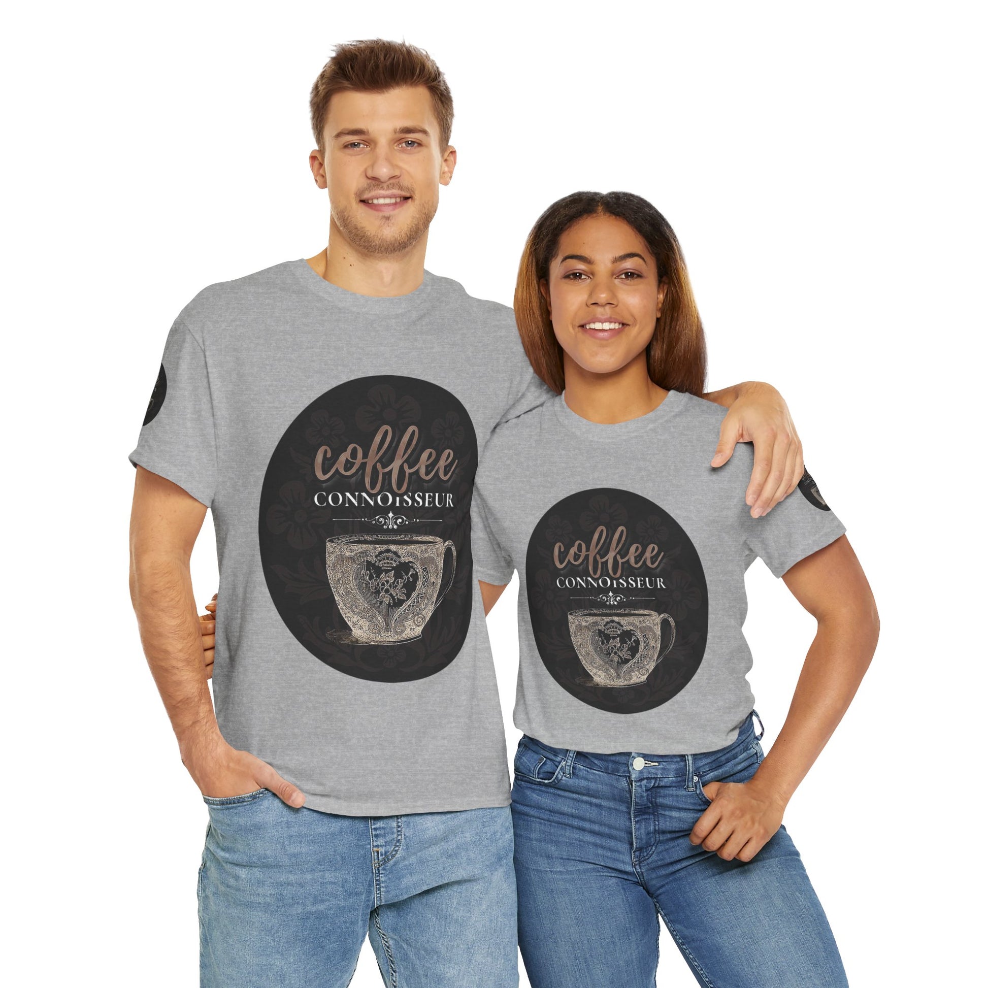 COFFEE LOVERS COTTON TEES For Connoisseurs, Two people wearing gray t-shirts with a coffee-themed design on a white background