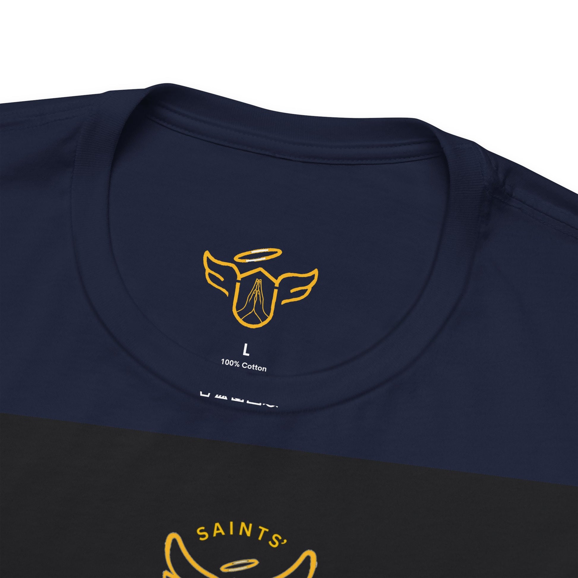 Navy blue t-shirt with yellow logo and text on a white background