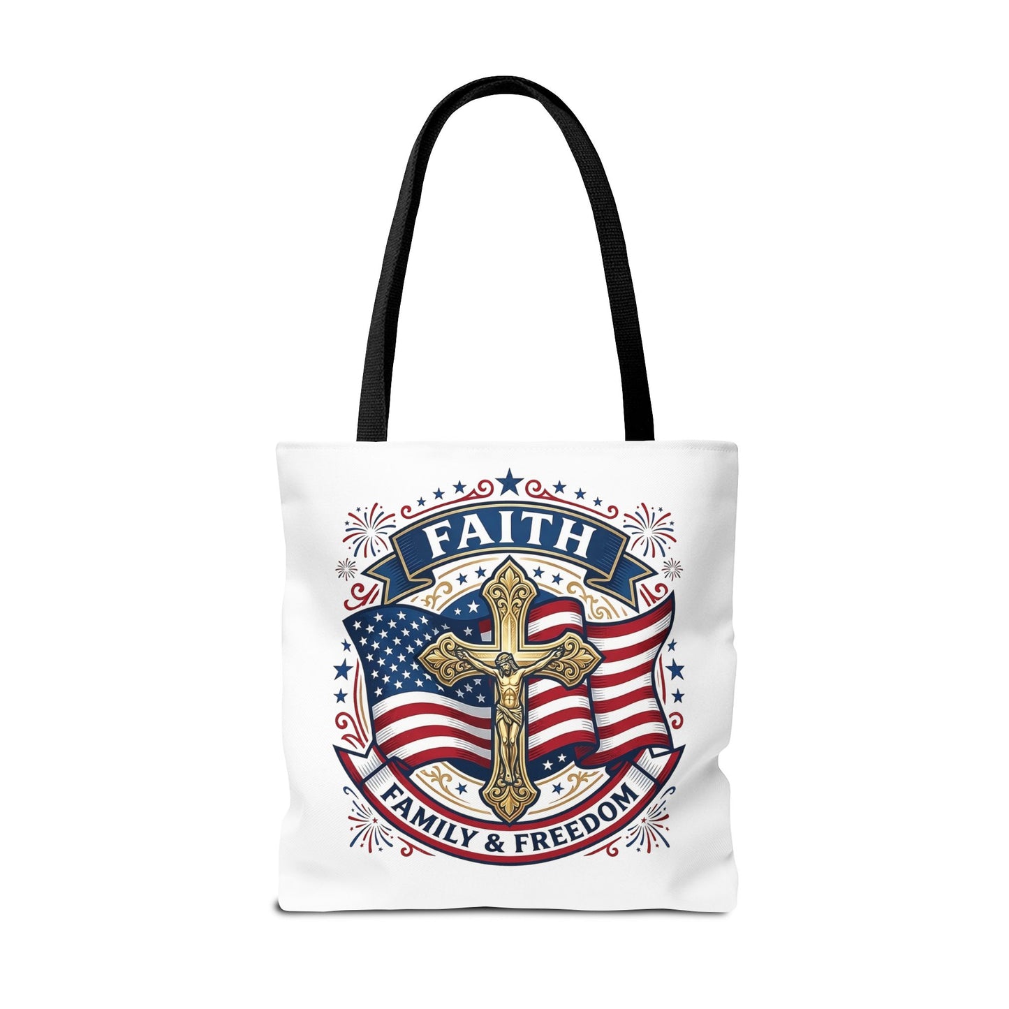 Faith, Family & Freedom Tote Bag — Patriotic Cross American Flag Tote (USA 250th)