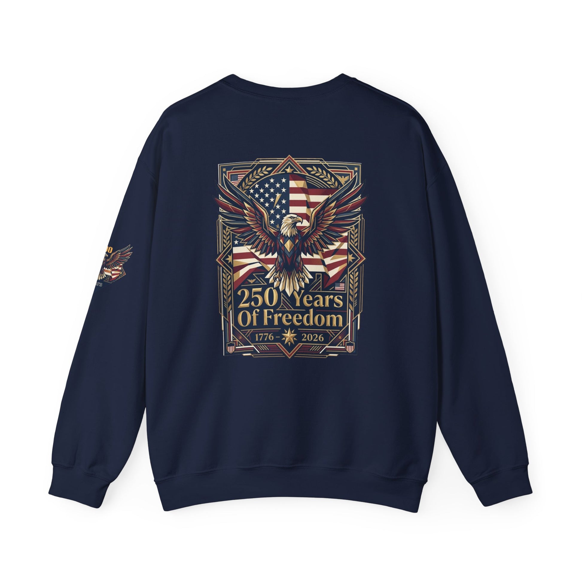 USA 250th ANNIVERSARY Crewneck Sweatshirt , Navy blue sweatshirt with '250 Years of Freedom' design featuring an eagle and American flag on a white background.