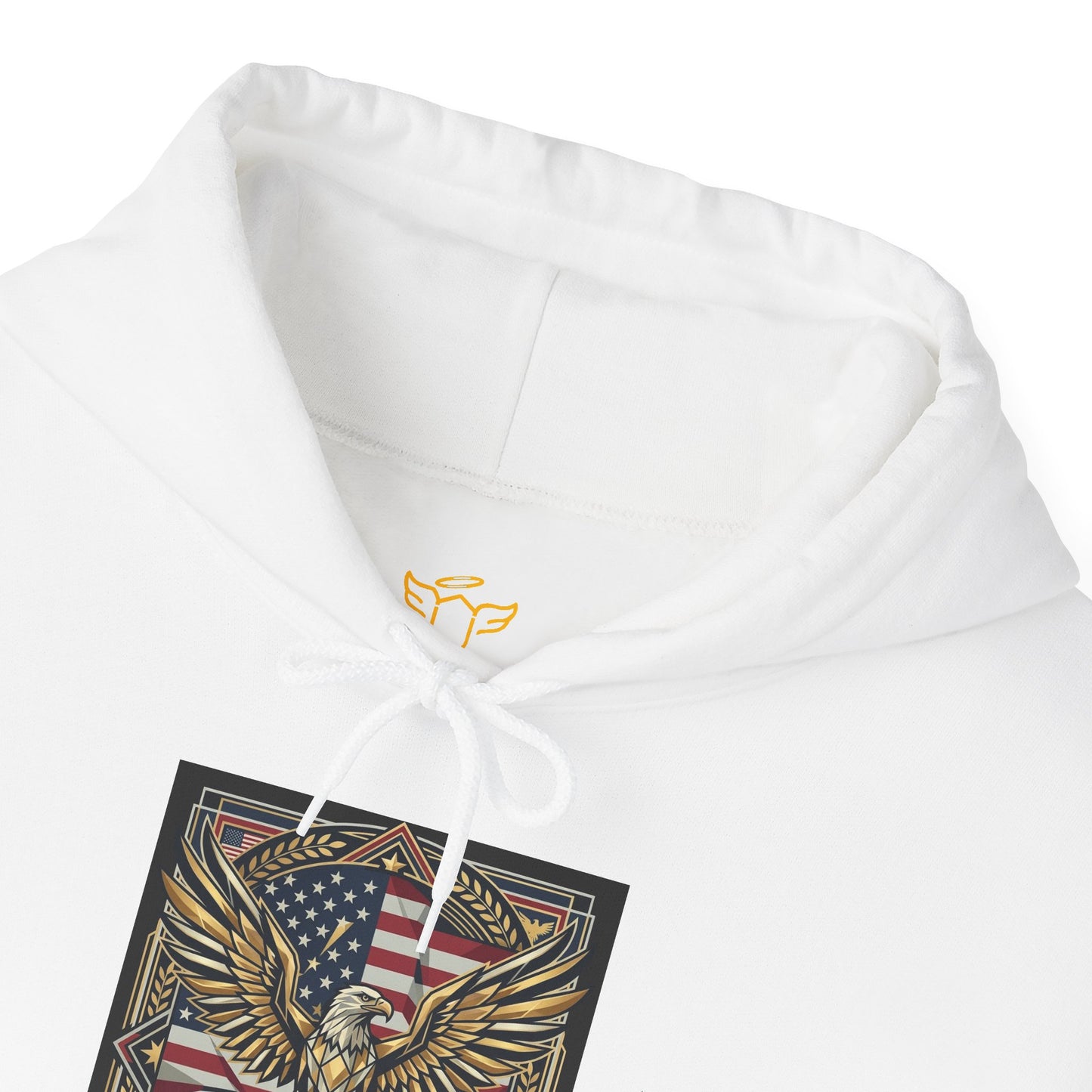 White hoodie with a small logo on the chest, next to a decorative bag with an eagle and American flag design.