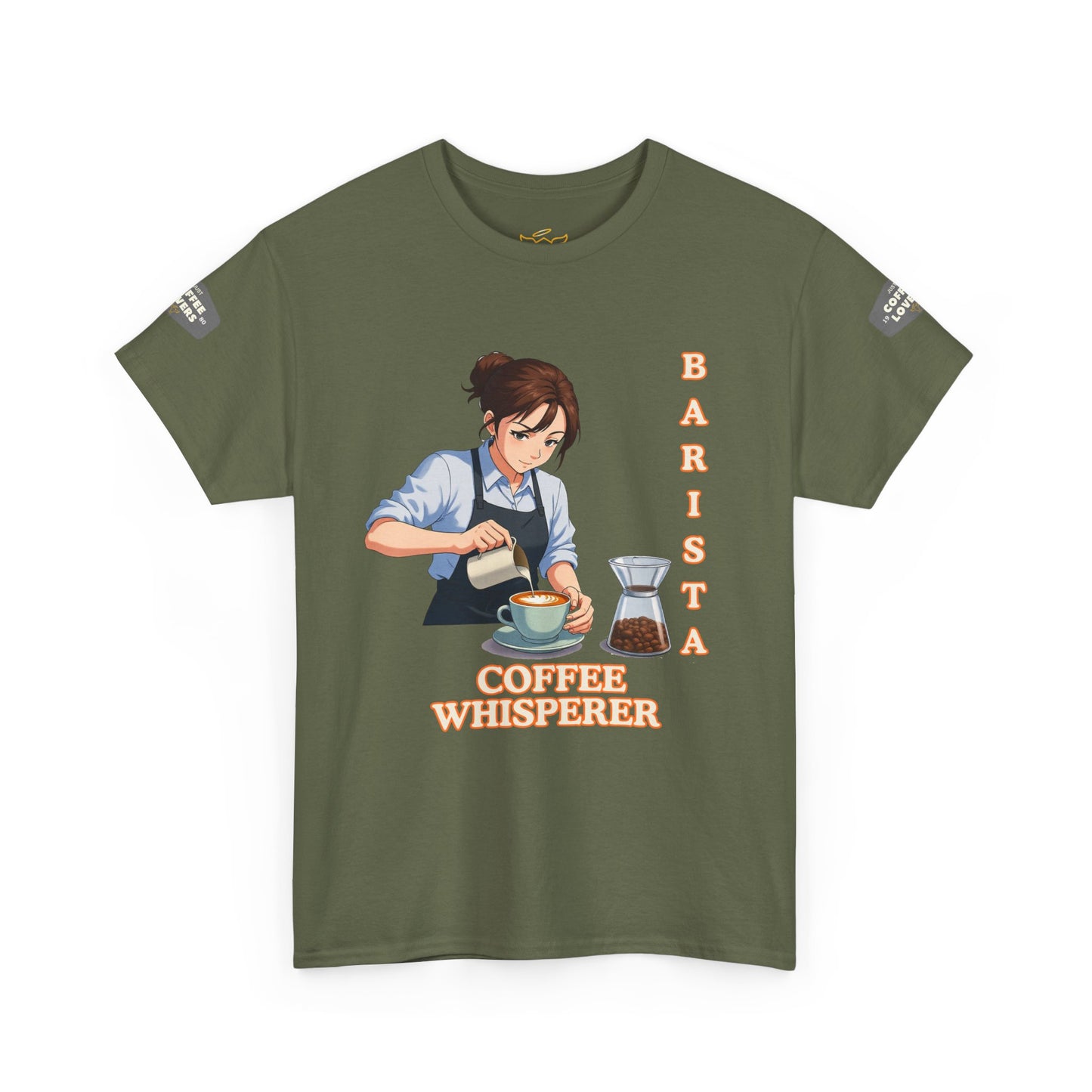 Coffee Lovers Cotton Tee for Female Barista, Green t-shirt with a barista graphic and text on a white background