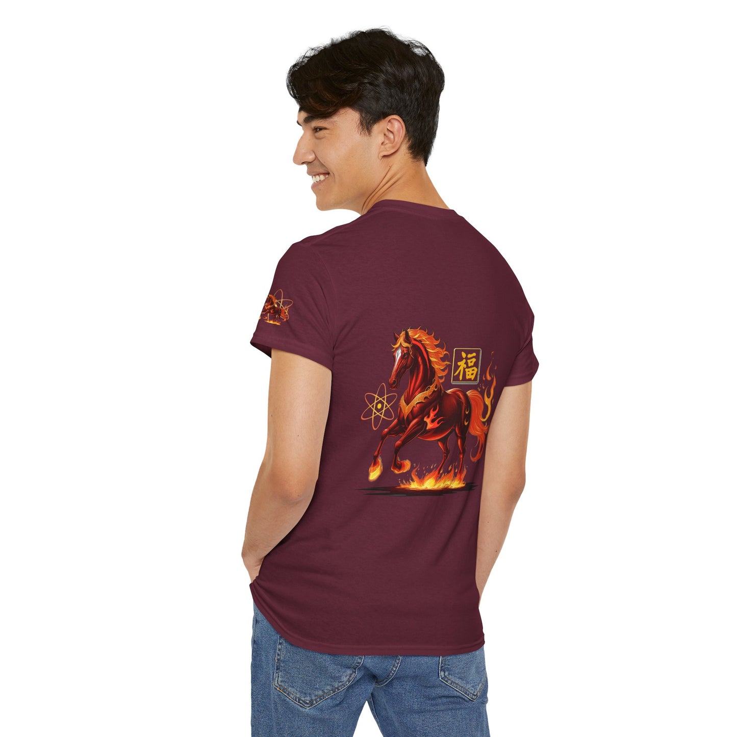 Lunar New Year Fiery Horse Novelty T-Shirt, Man wearing a maroon t-shirt with a horse design on the back, standing against a white background
