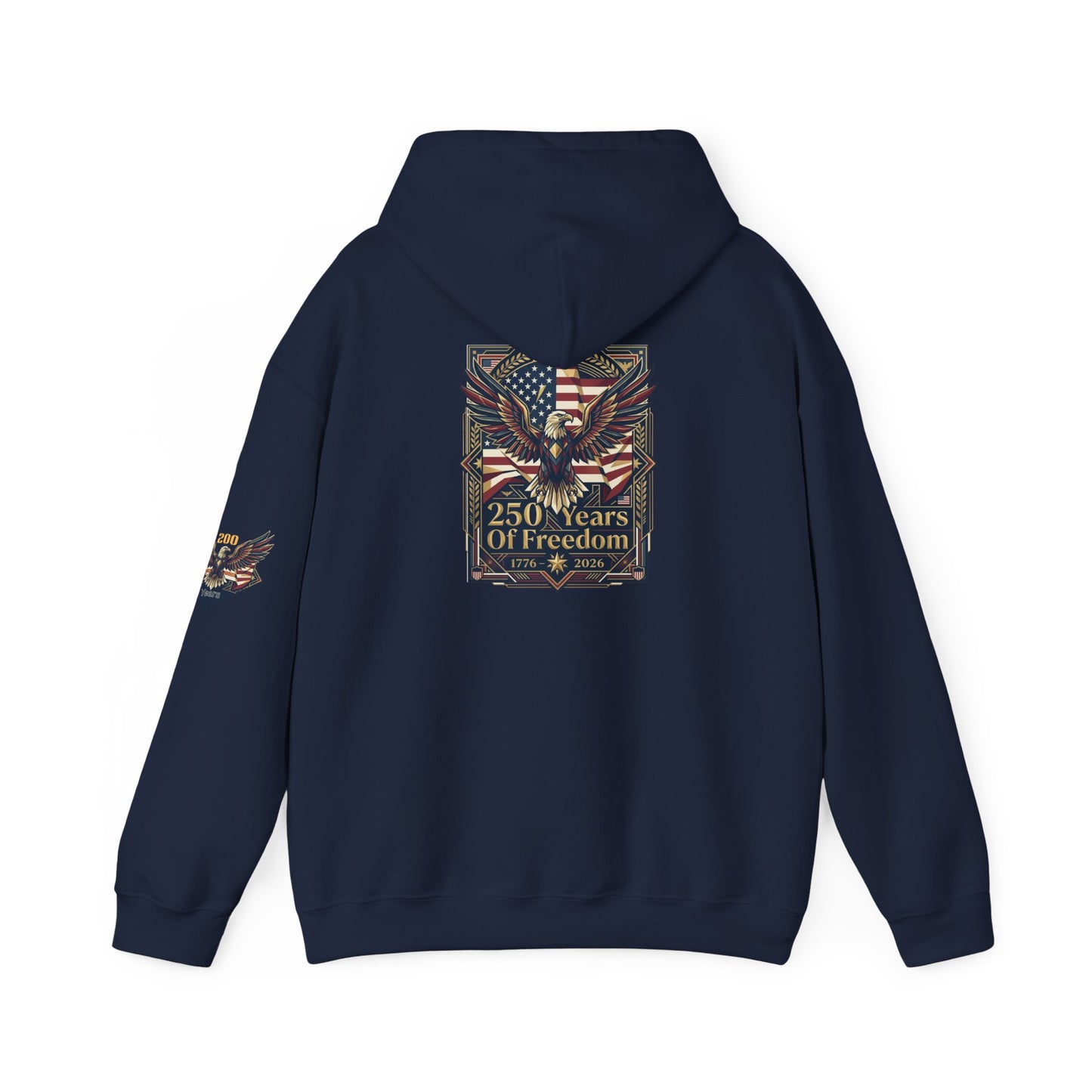 America 250 Years of Freedom Hoodie — USA 250th ANNIVERSARY Patriotic Hoodie, Navy hoodie with a heart and gun design on the back, on a white background