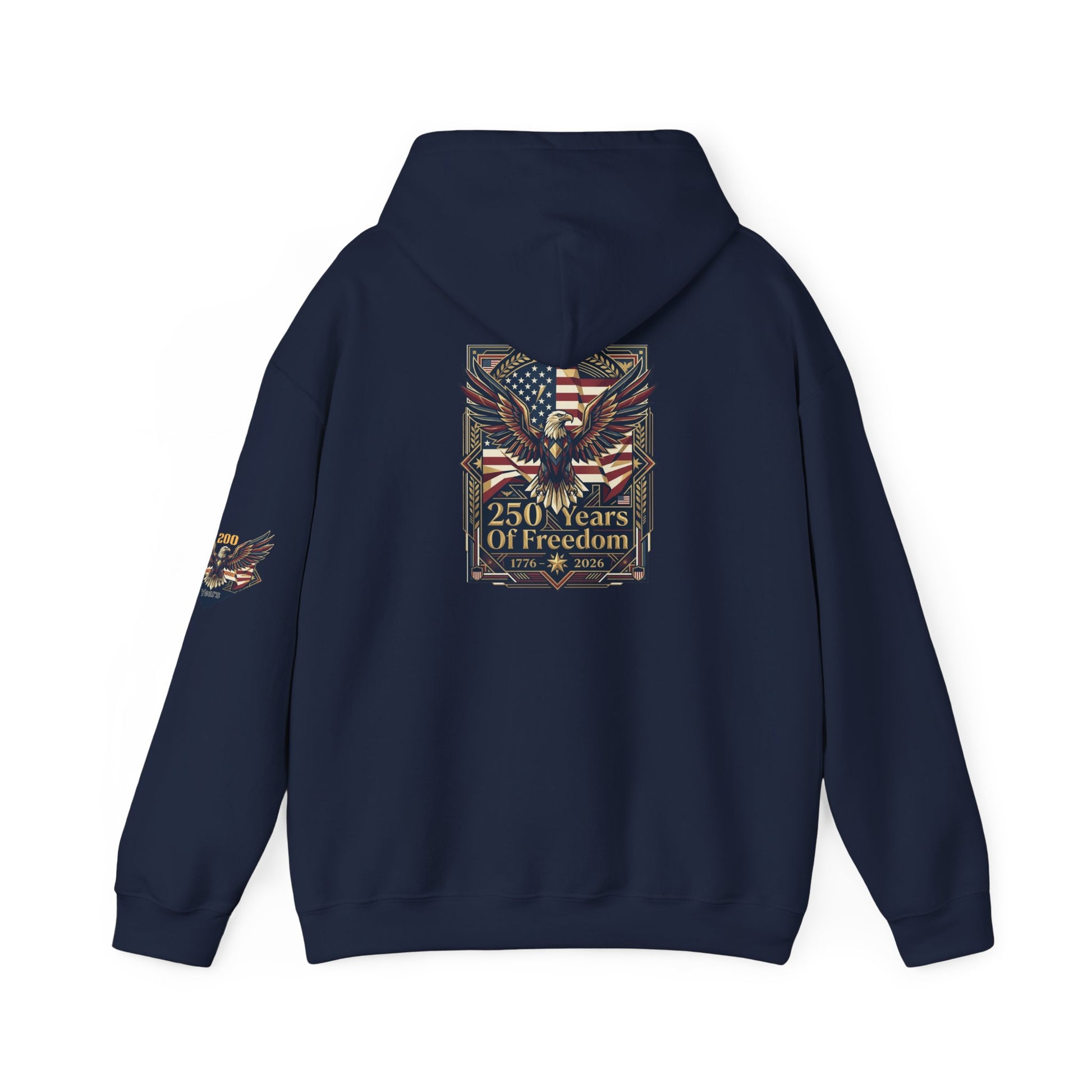 America 250 Years of Freedom Hoodie — USA 250th ANNIVERSARY Patriotic Hoodie, Navy hoodie with a heart and gun design on the back, on a white background