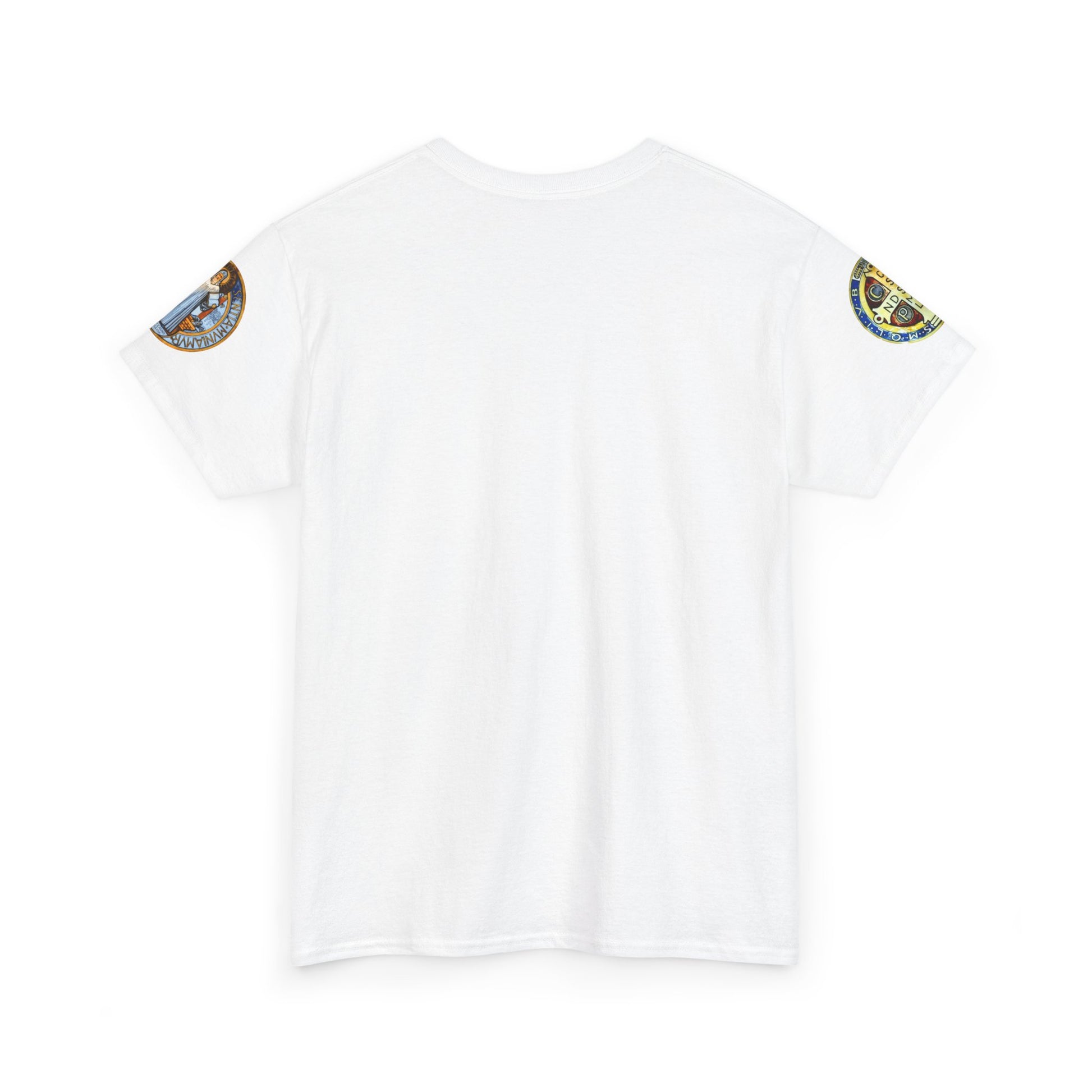 Saint Benedict Medal Unisex T-shirt, White t-shirt with decorative patches on the shoulders against a white background