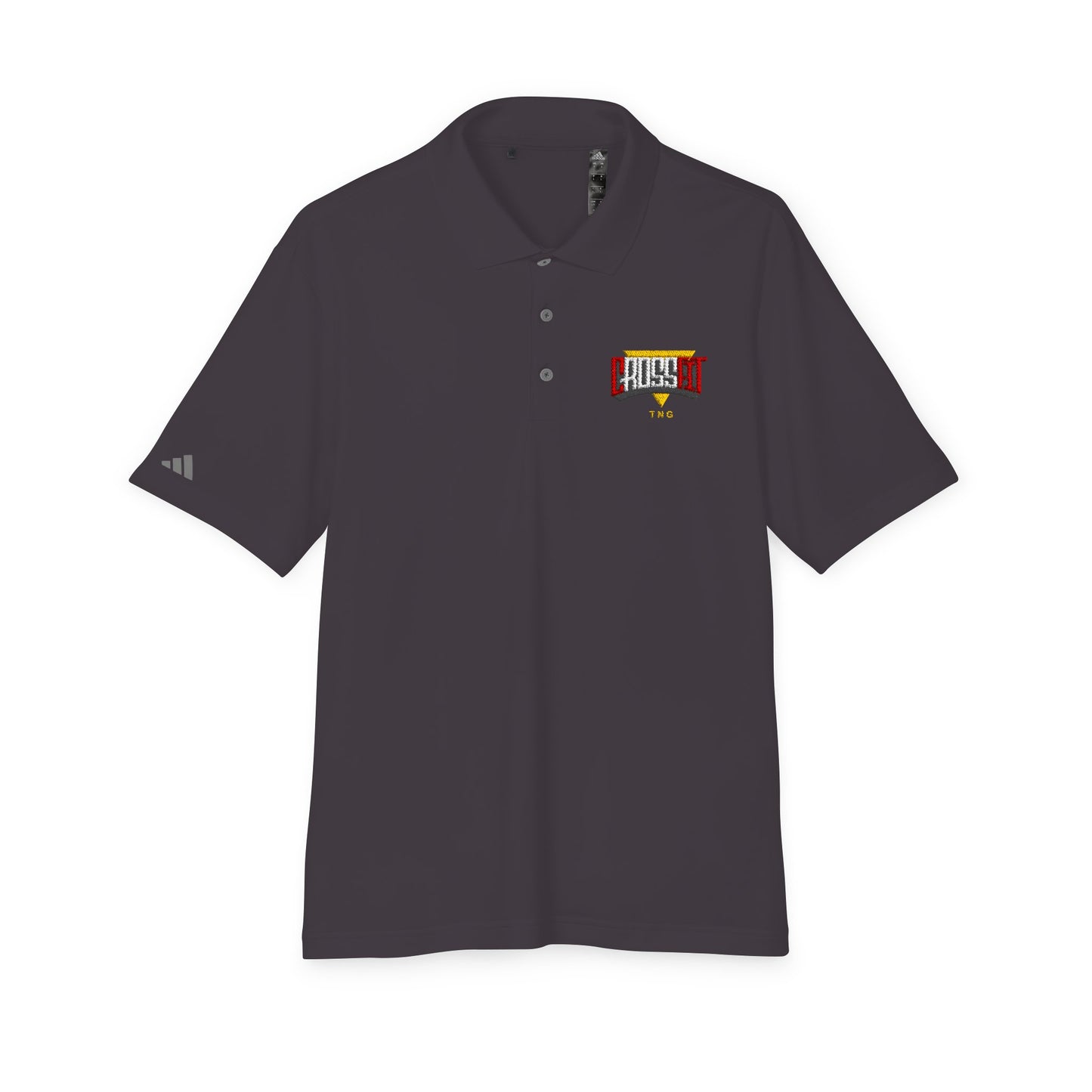 Adidas Sports Polo Shirt for CrossFit Enthusiasts, Dark gray polo shirt with a logo on the chest against a white background