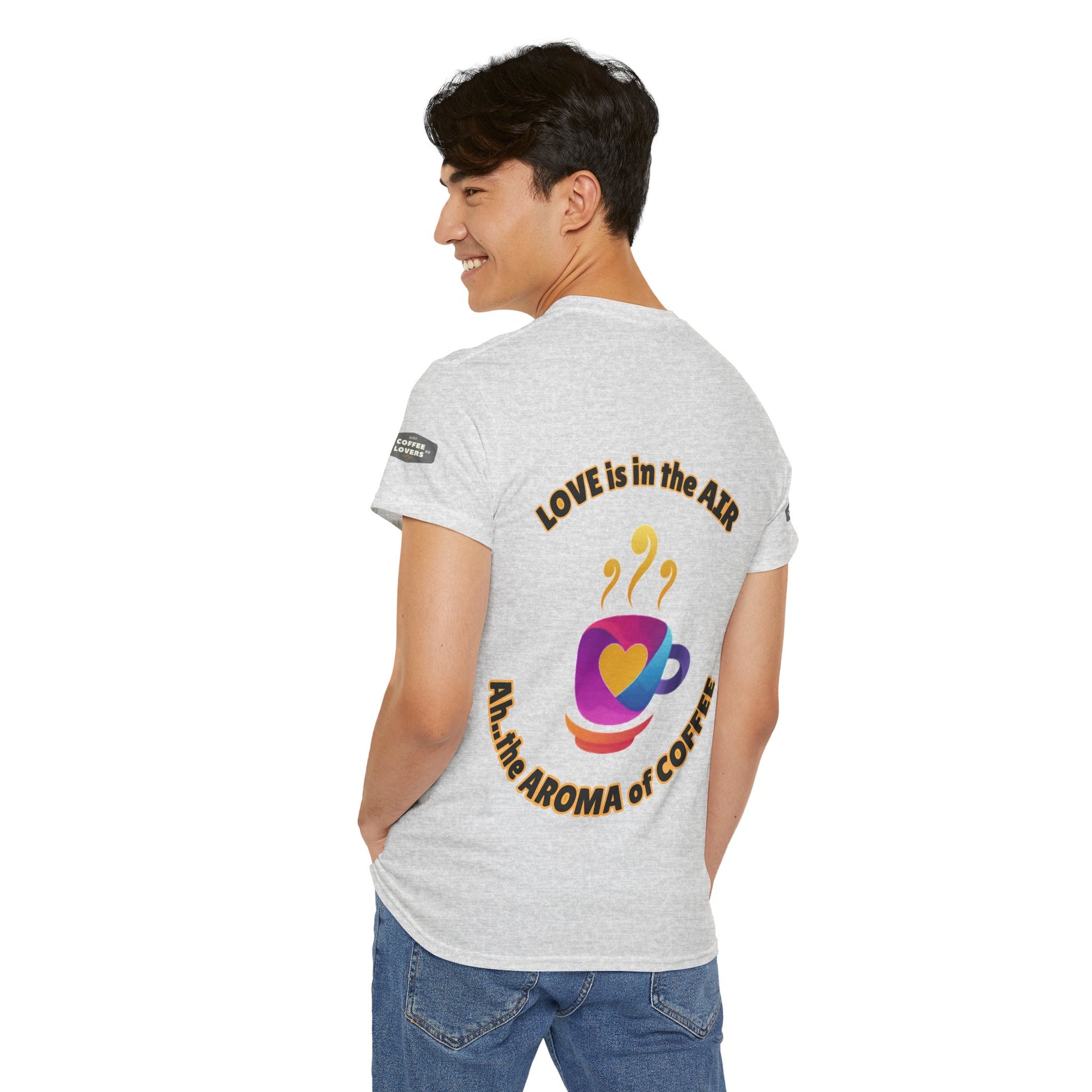Coffee Lovers Tee with Quote - 'Love is in the Air Ah.. the Aroma of Coffee',  Person wearing a gray t-shirt with colorful graphics and text on the back