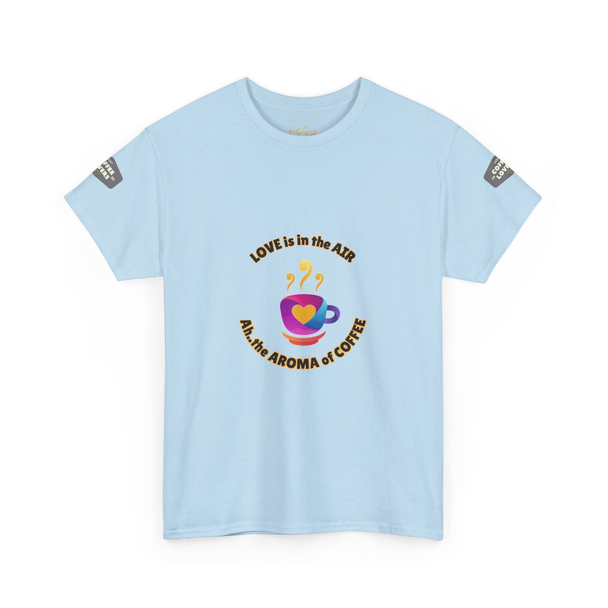 Coffee Lovers Tee with Quote - 'Love is in the Air Ah.. the Aroma of Coffee',  Light blue t-shirt with a colorful graphic and text on a white background