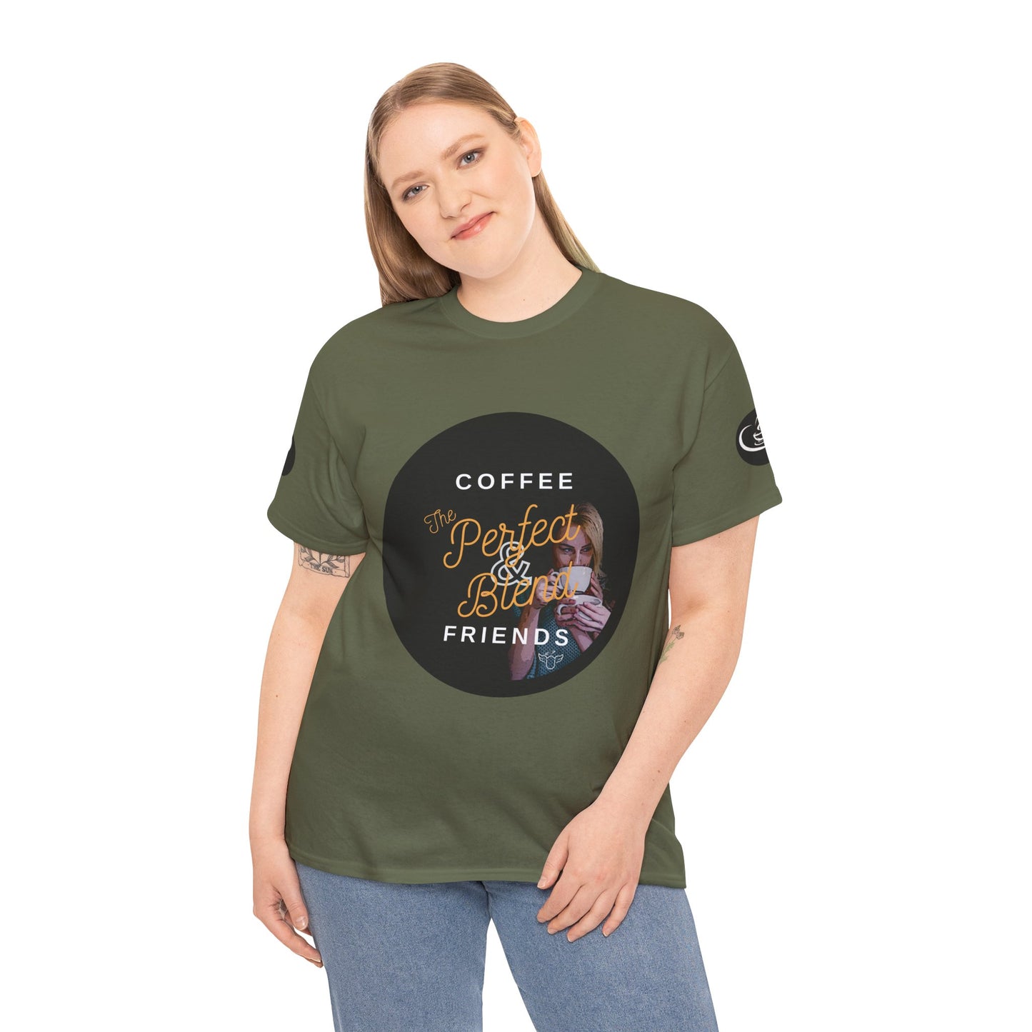 Coffee Lovers Ladies Tee - COFFEE and FRIENDS the Perfect Blend, Woman wearing a green t-shirt with a graphic design and text on a white background