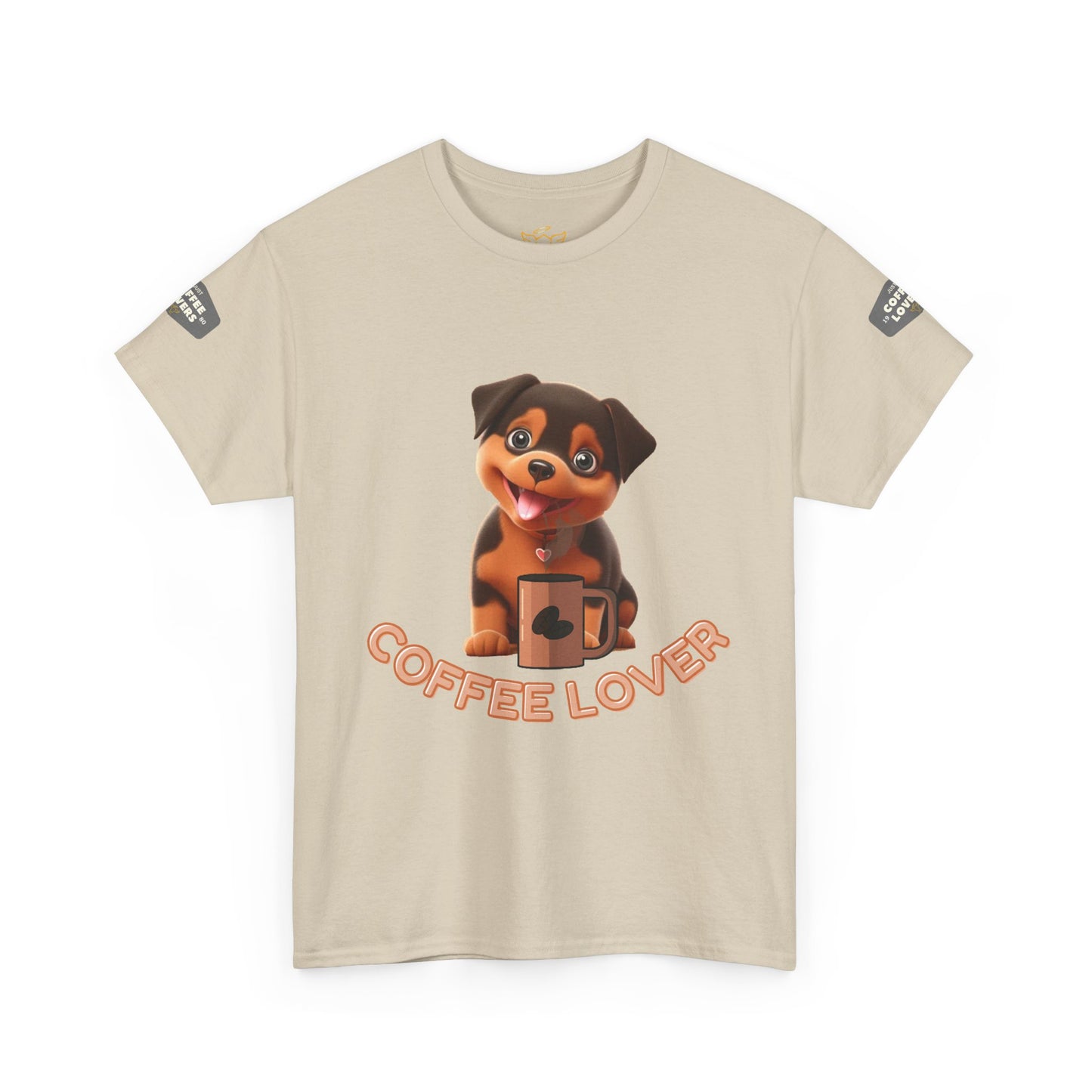 COFFEE LOVERS COTTON TEE for Dog Lovers. Beige t-shirt with a dog graphic and 'Coffee Lover' text on a white background