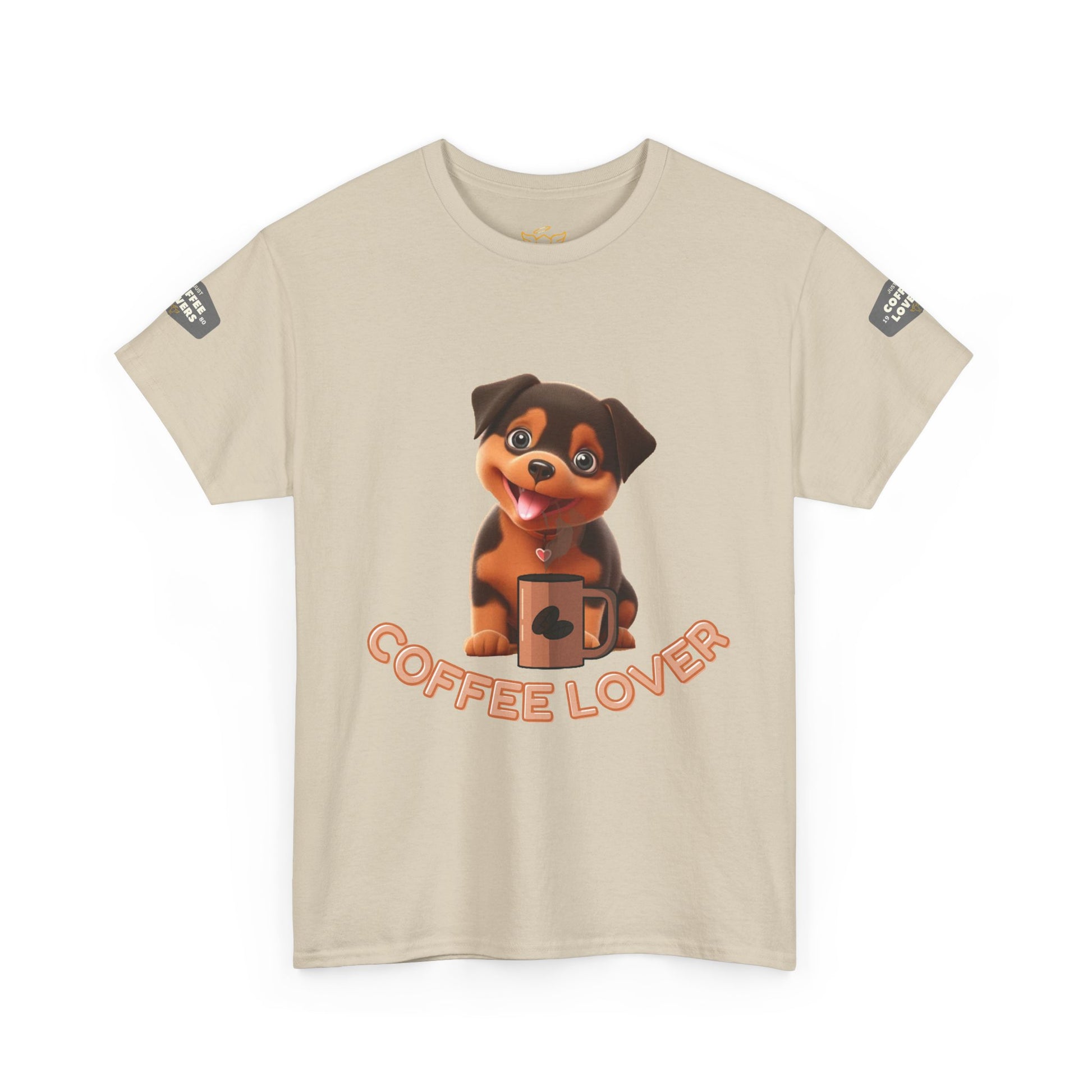 COFFEE LOVERS COTTON TEE for Dog Lovers. Beige t-shirt with a dog graphic and 'Coffee Lover' text on a white background