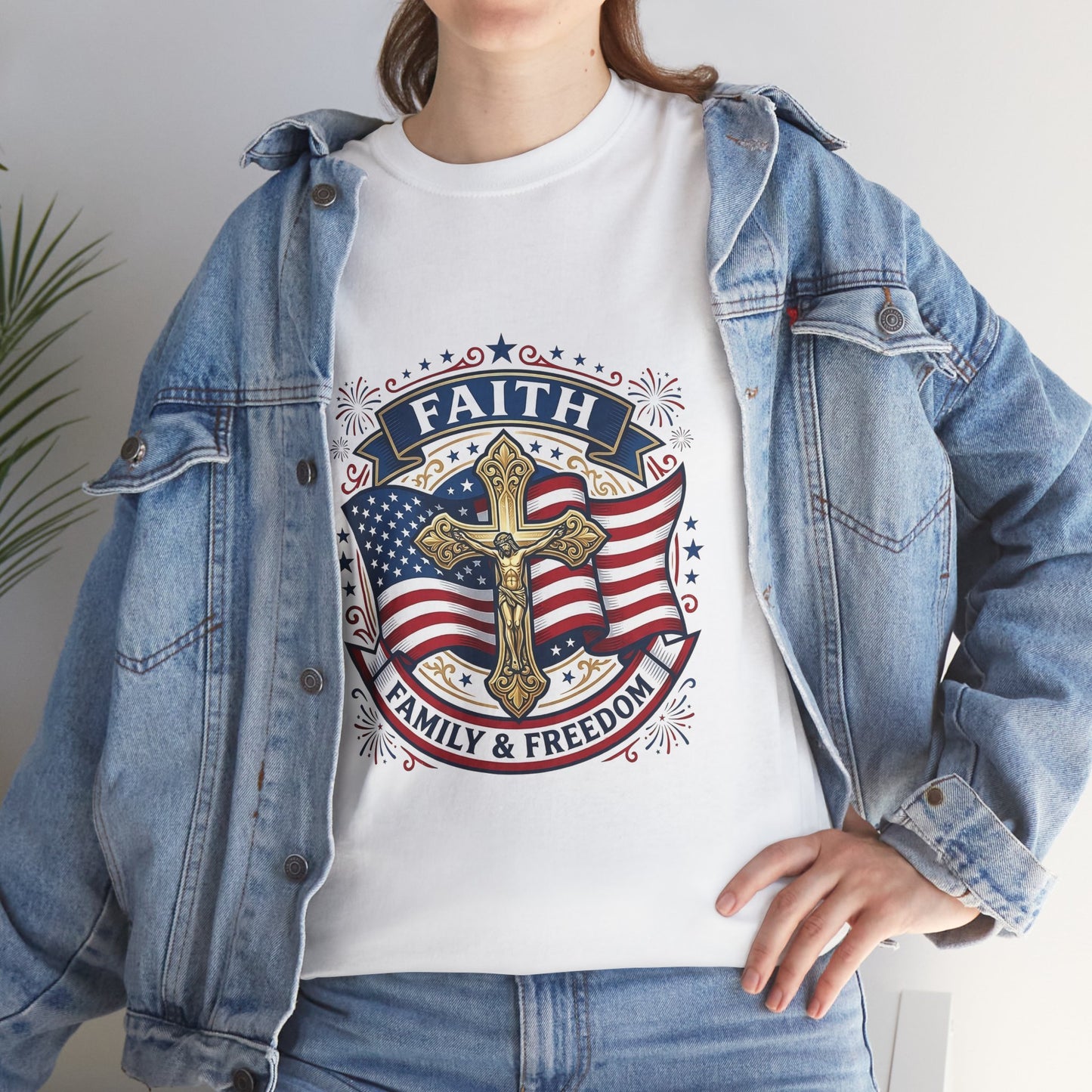 Catholic Faith, Family & Freedom T‑Shirt — Patriotic Cross American Flag Tee (USA 250th)