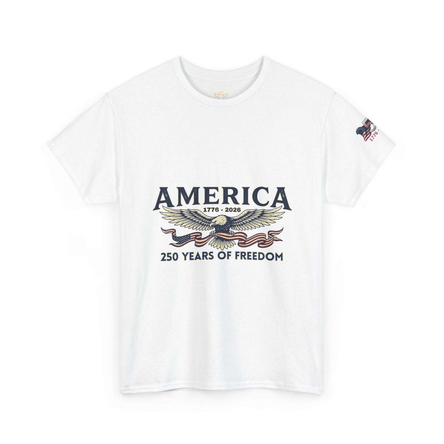 America 250 Years of Freedom T-Shirt — USA 250th ANNIVERSARY T-shirt, White t-shirt with 'America 250 Years of Freedom' graphic on a white background