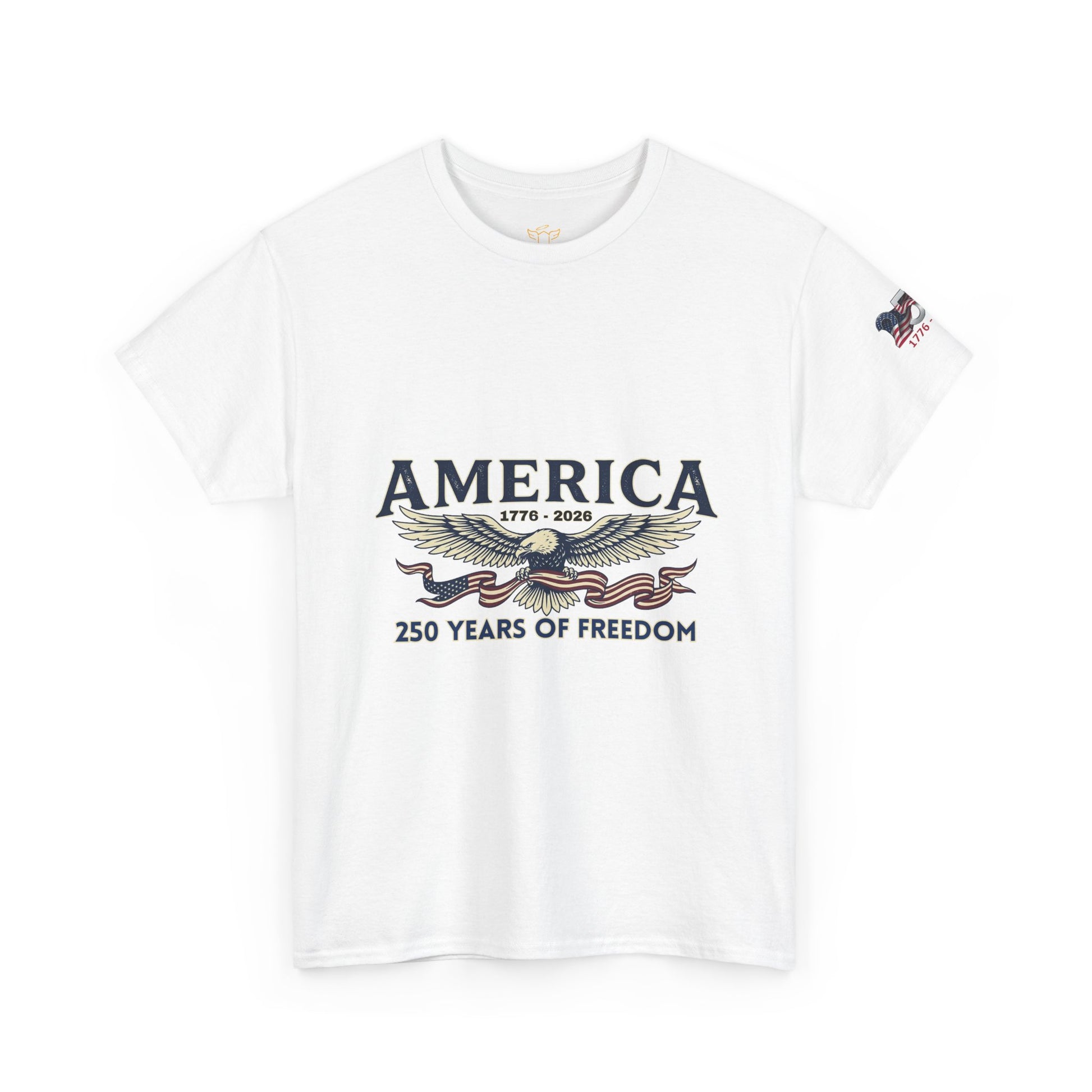 America 250 Years of Freedom T-Shirt — USA 250th ANNIVERSARY T-shirt, White t-shirt with 'America 250 Years of Freedom' graphic on a white background
