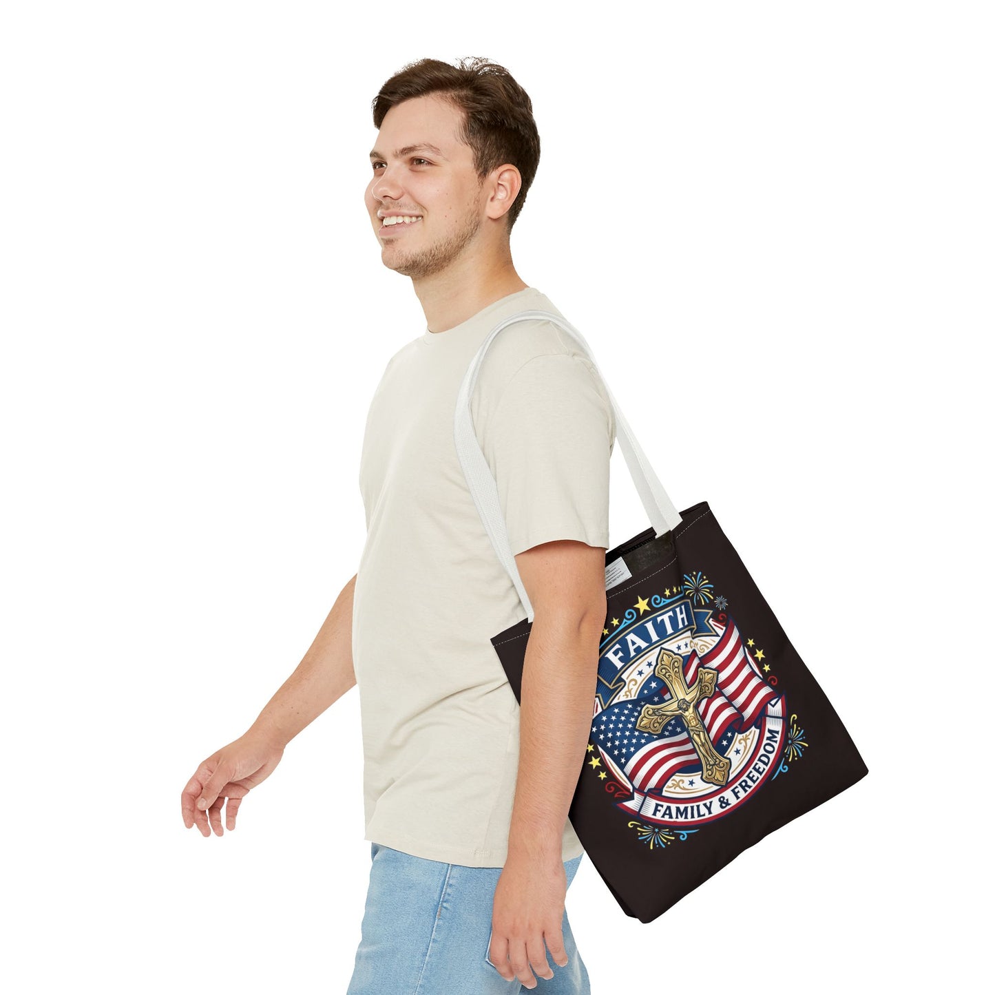 Faith, Family & Freedom Cross Bag — Patriotic American Flag Canvas Tote (USA 250th)