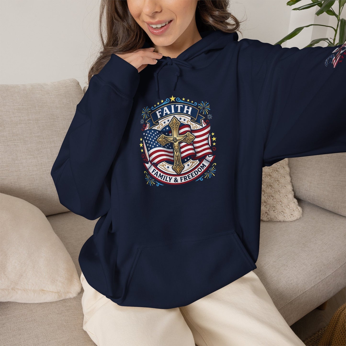 Catholic Faith, Family & Freedom Hoodie — American Flag Cross Patriotic Pullover (USA 250th)