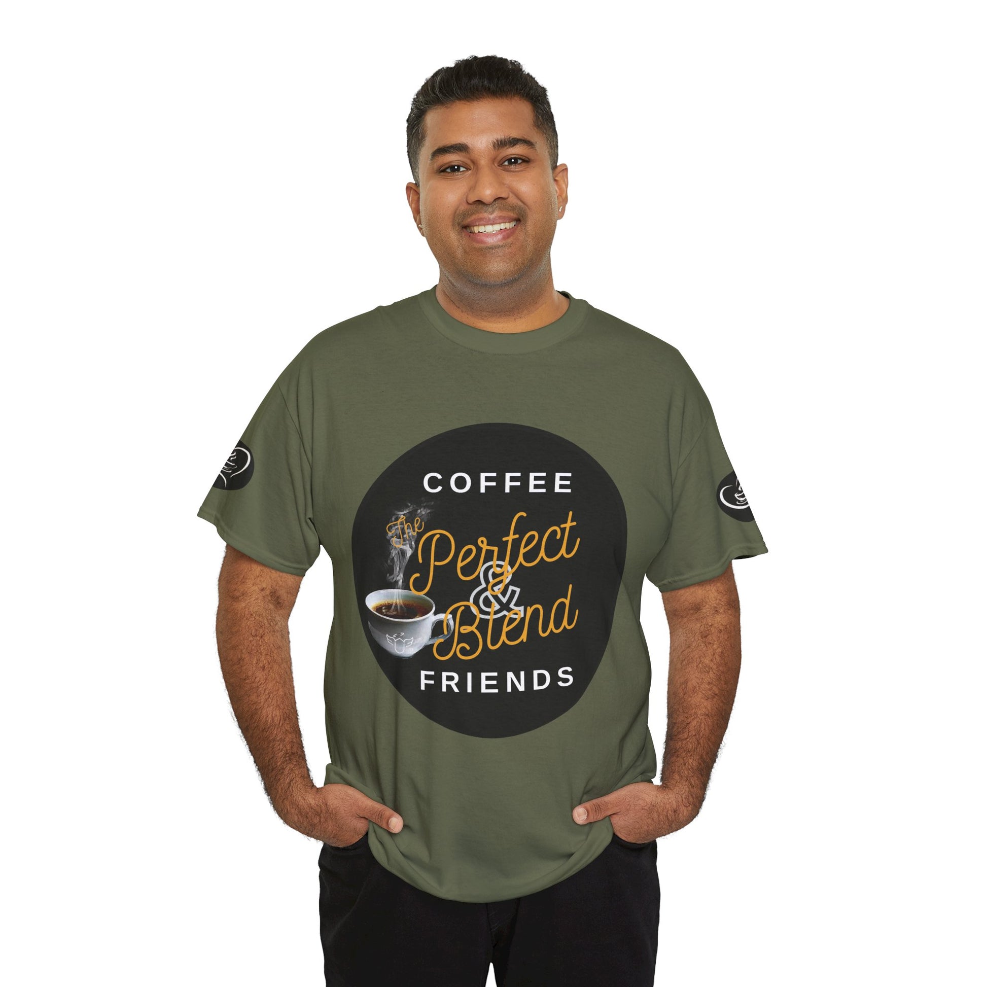 Coffee Lovers Cotton T-shirt, Man wearing a green t-shirt with coffee-themed design on a white background