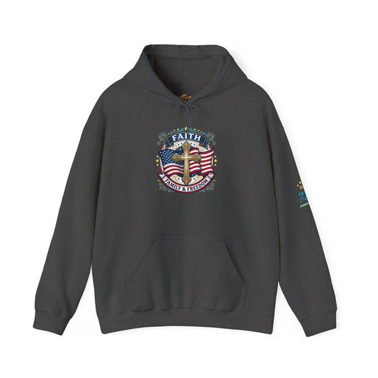 Faith, Family & Freedom Hoodie — Patriotic Cross American Flag Sweatshirt (USA 250th)
