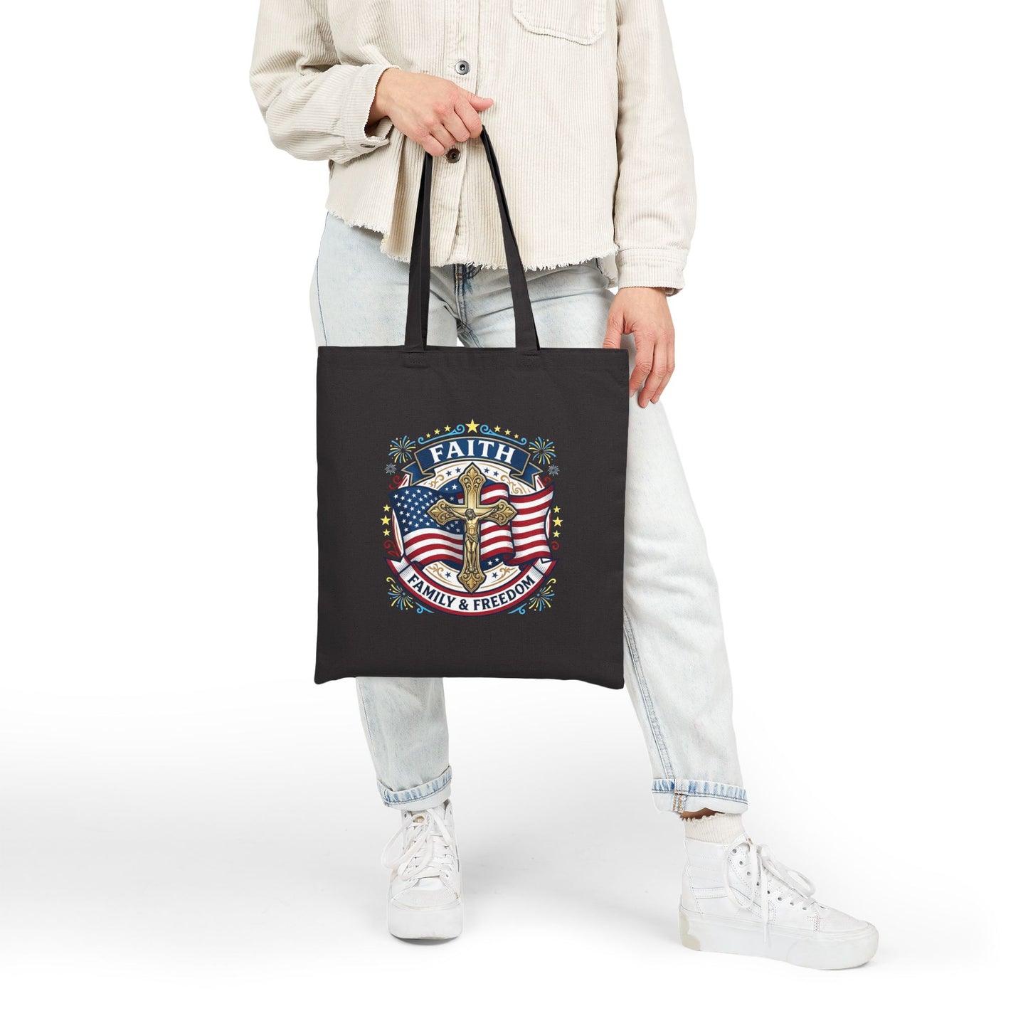 Catholic Faith, Family & Freedom Canvas Tote — Patriotic American Flag Shopping Bag (USA 250th)