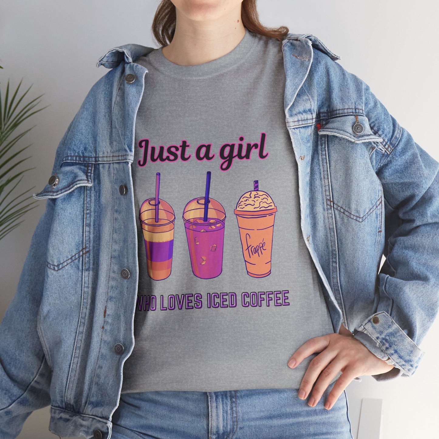 Coffee Lovers' Cotton Tee - Just a Girl Who Loves Iced Coffee, Person wearing a gray t-shirt with iced coffee graphic and text, paired with a denim jacket.