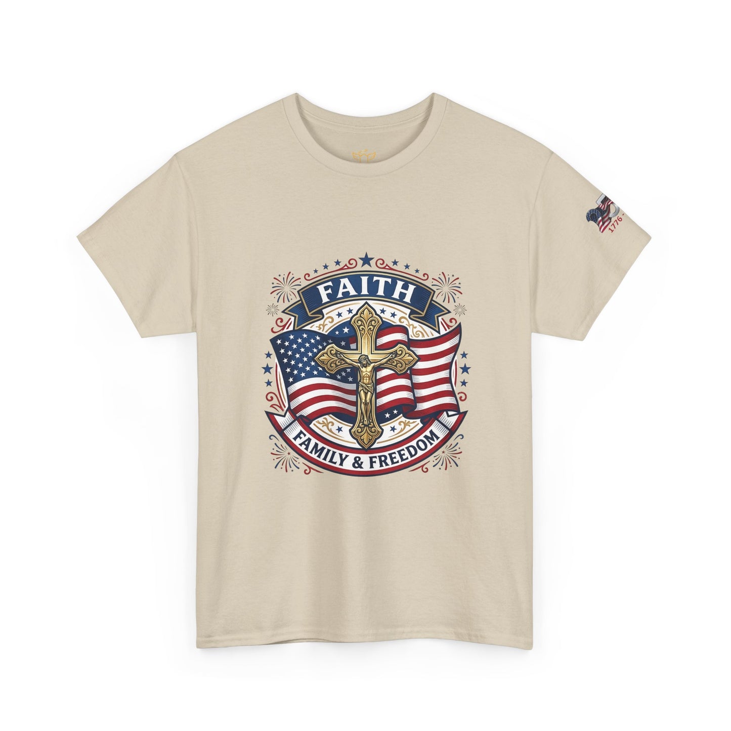 Catholic Faith, Family & Freedom T‑Shirt — Patriotic Cross American Flag Tee (USA 250th)
