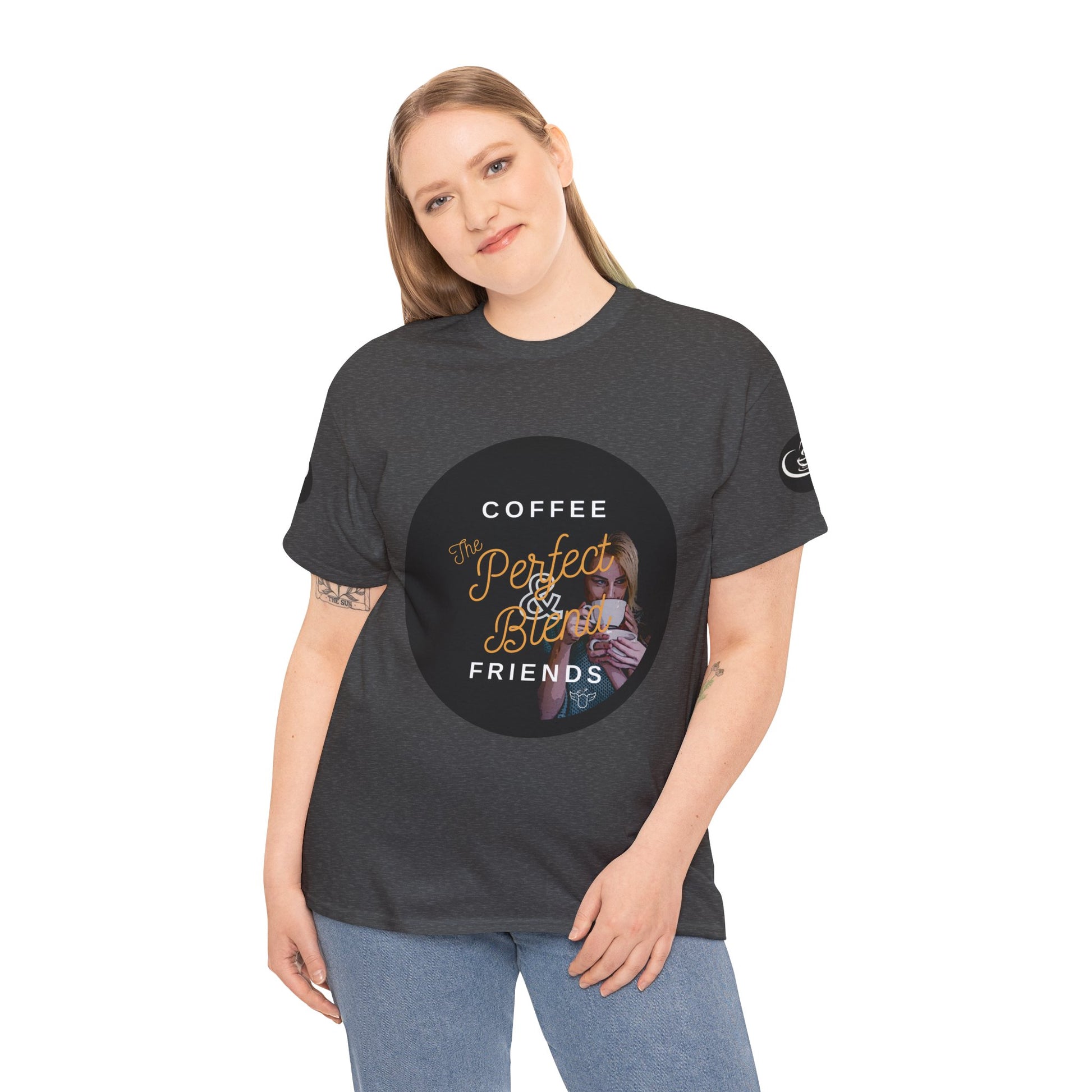 Coffee Lovers Ladies Tee - COFFEE and FRIENDS the Perfect Blend, Person wearing a dark gray t-shirt with a graphic design and text on a white background