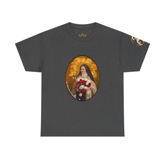 Saint Therese of Lisieux Unisex T-Shirt, Gray t-shirt with a graphic of a woman holding flowers on a white background