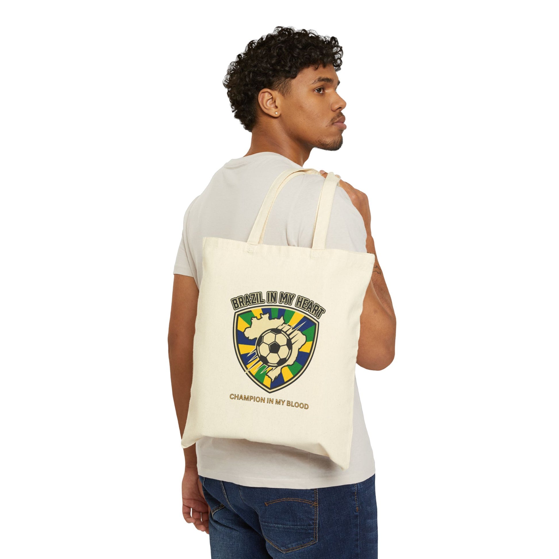 Champion in My Blood Tote, retro soccer crest, country pride, national colors - Trending Novelties & Gifts
