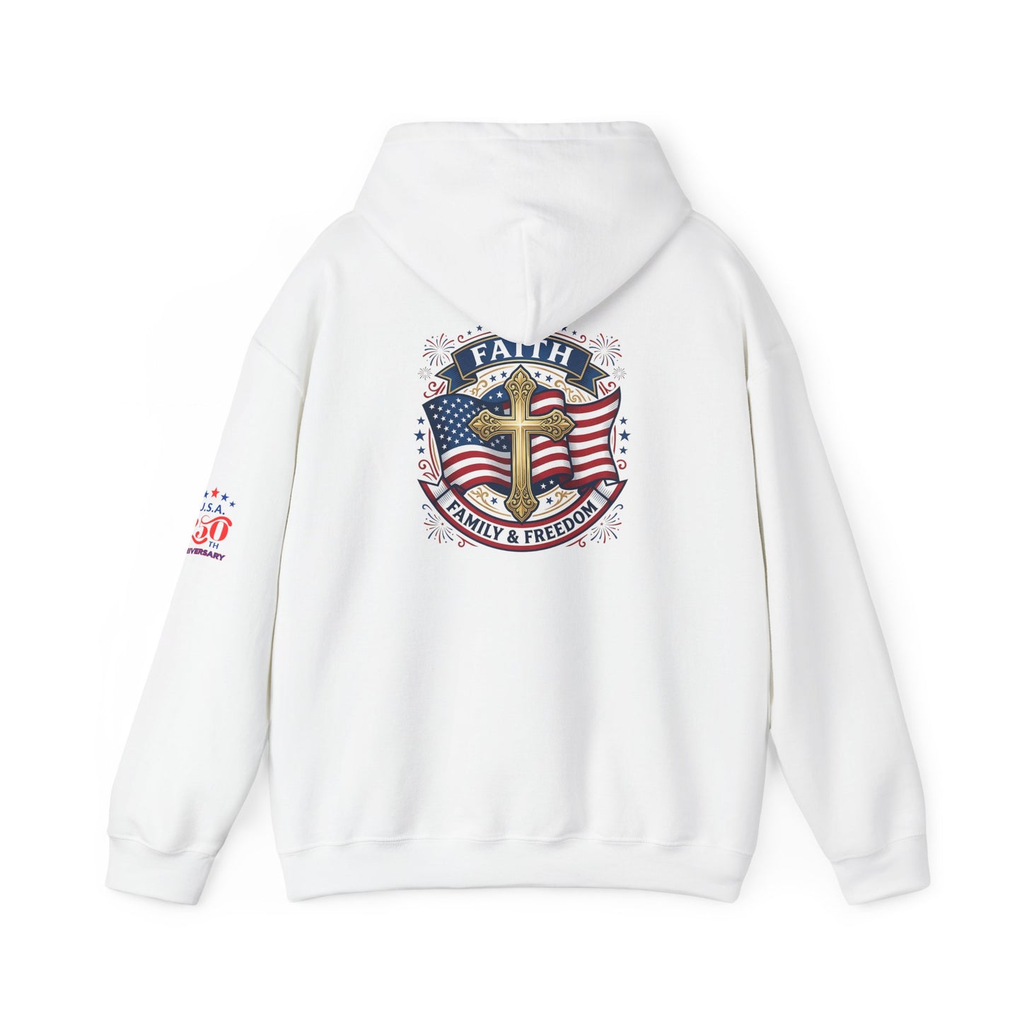 Faith, Family & Freedom Hoodie — Patriotic Cross American Flag Sweatshirt (USA 250th)