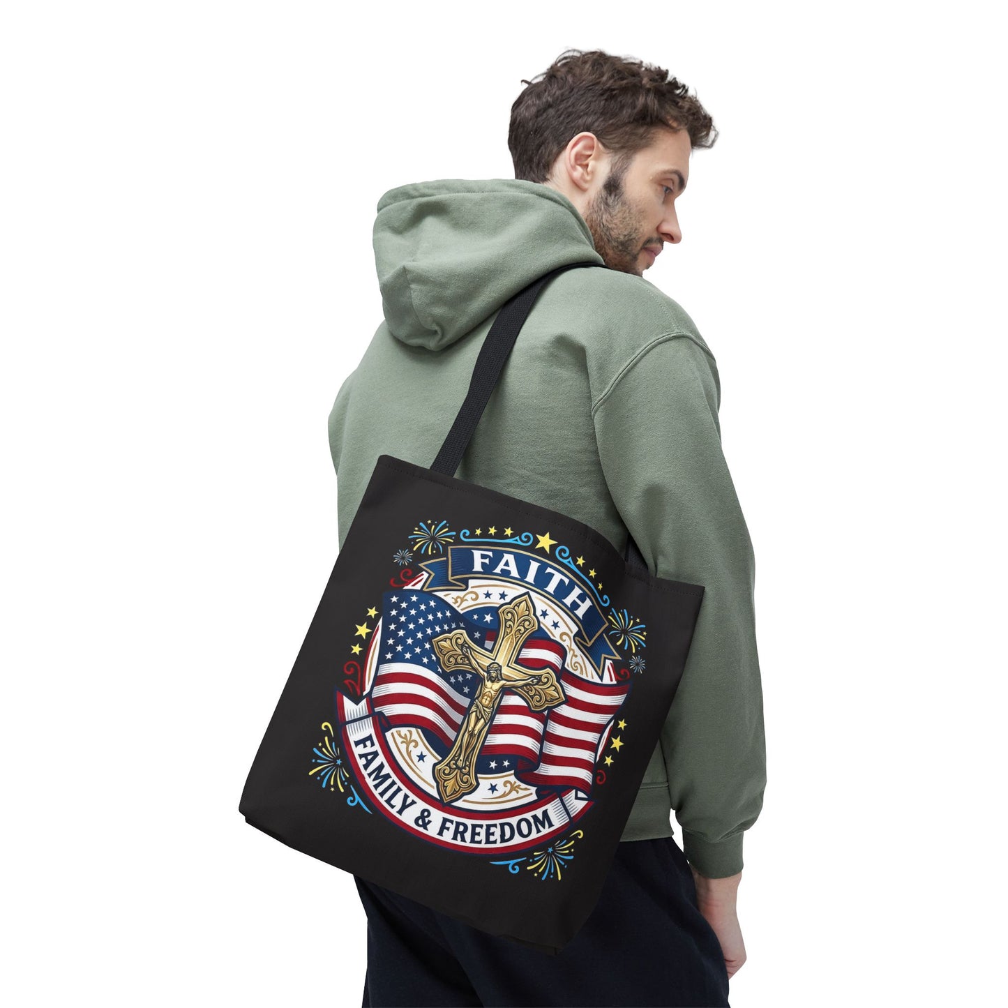 Faith, Family & Freedom Cross Bag — Patriotic American Flag Canvas Tote (USA 250th)