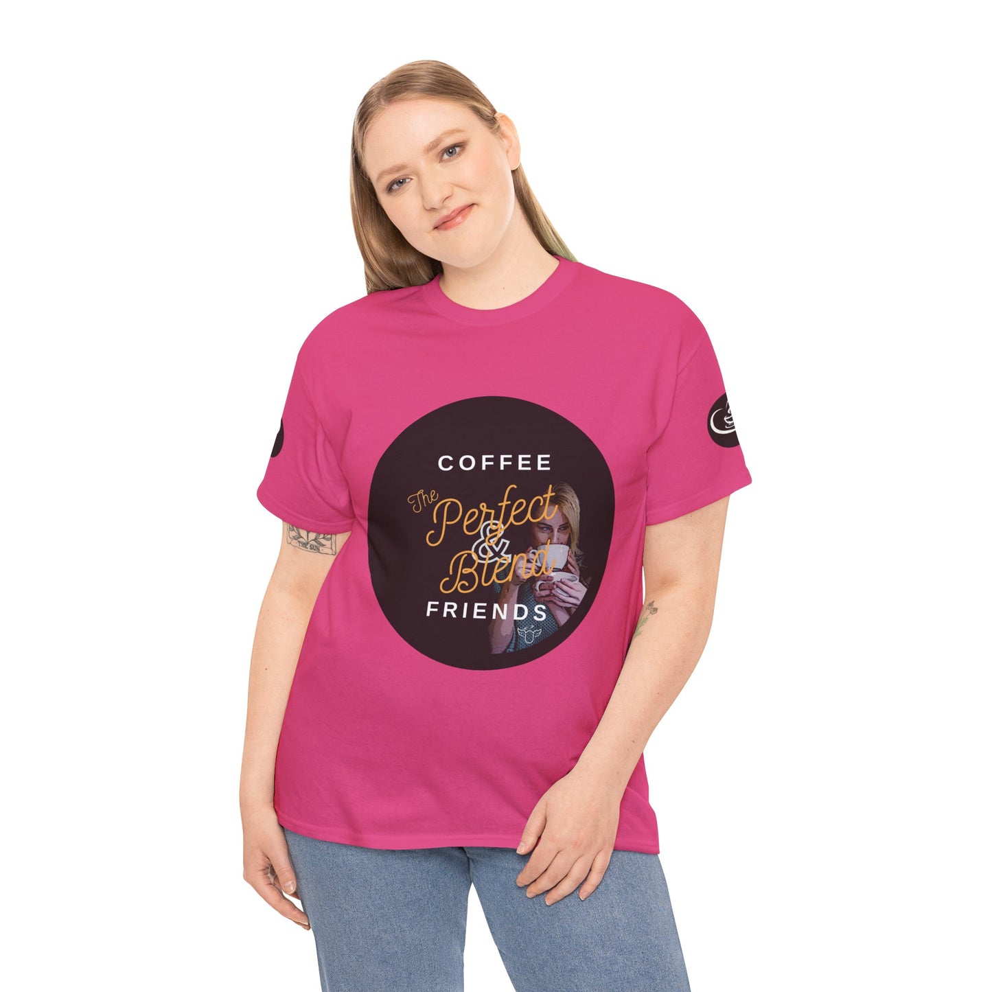 Coffee Lovers Ladies Tee - COFFEE and FRIENDS the Perfect Blend, Person wearing a pink t-shirt with a graphic design and text on a white background