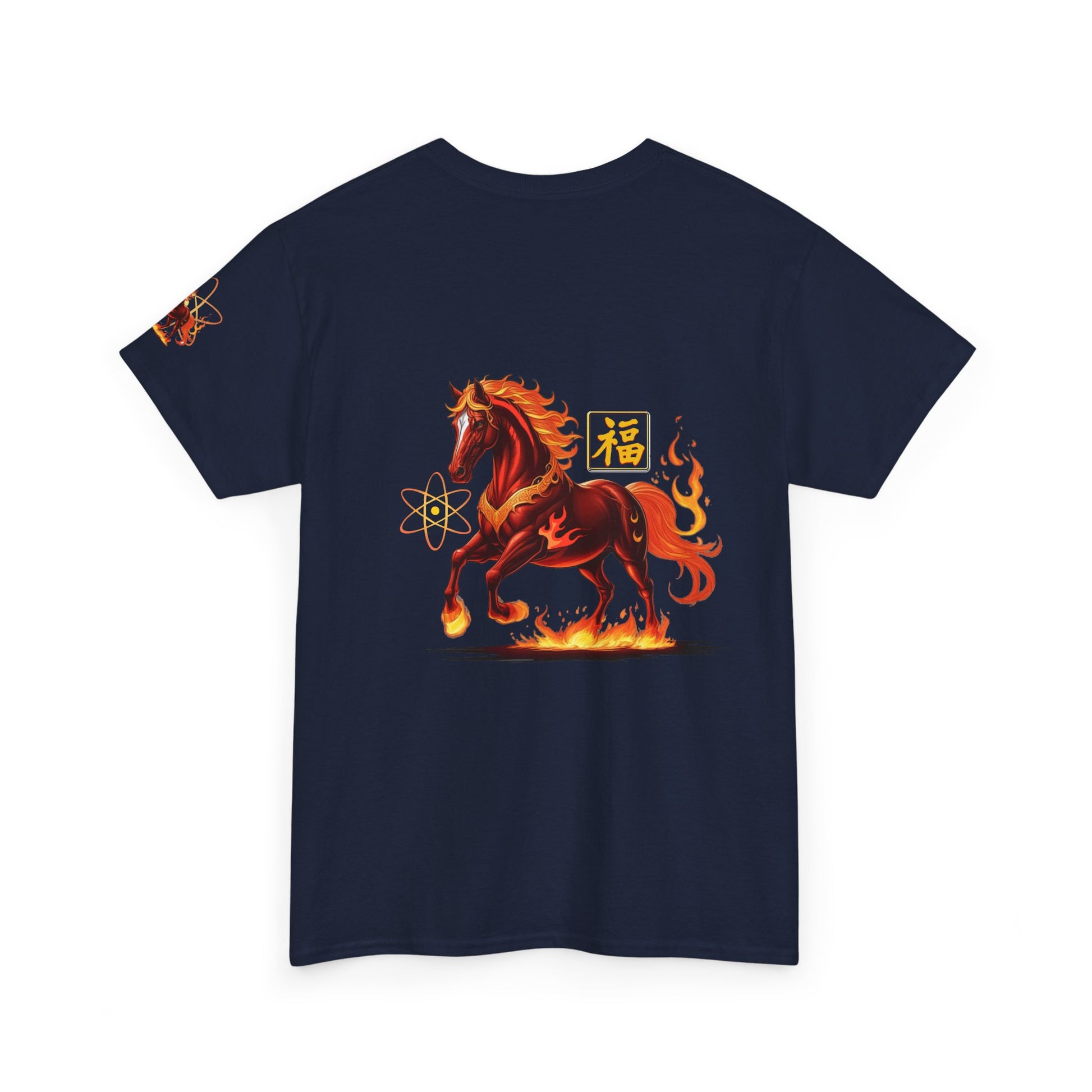 Lunar New Year Fiery Horse Novelty T-Shirt, Navy blue t-shirt with a fiery horse design on the back against a white background