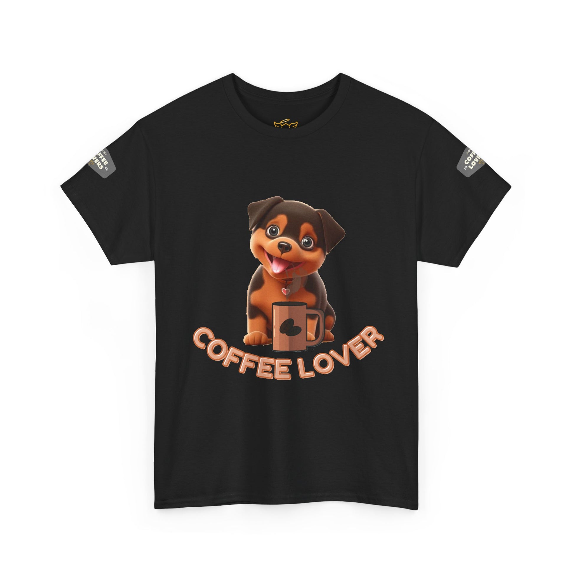 COFFEE LOVERS COTTON TEE for Dog Lovers. Black t-shirt with a dog graphic and 'Coffee Lover' text on a white background